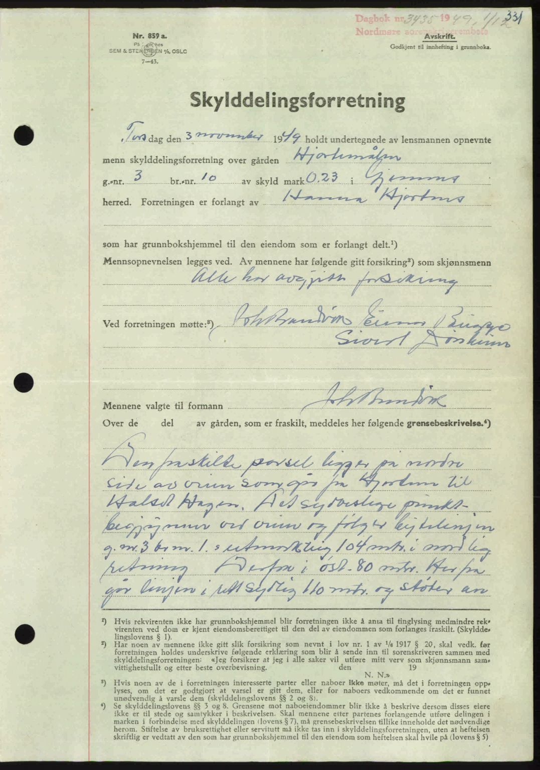 Nordmøre sorenskriveri, AV/SAT-A-4132/1/2/2Ca: Mortgage book no. A113, 1949-1950, Diary no: : 3435/1949