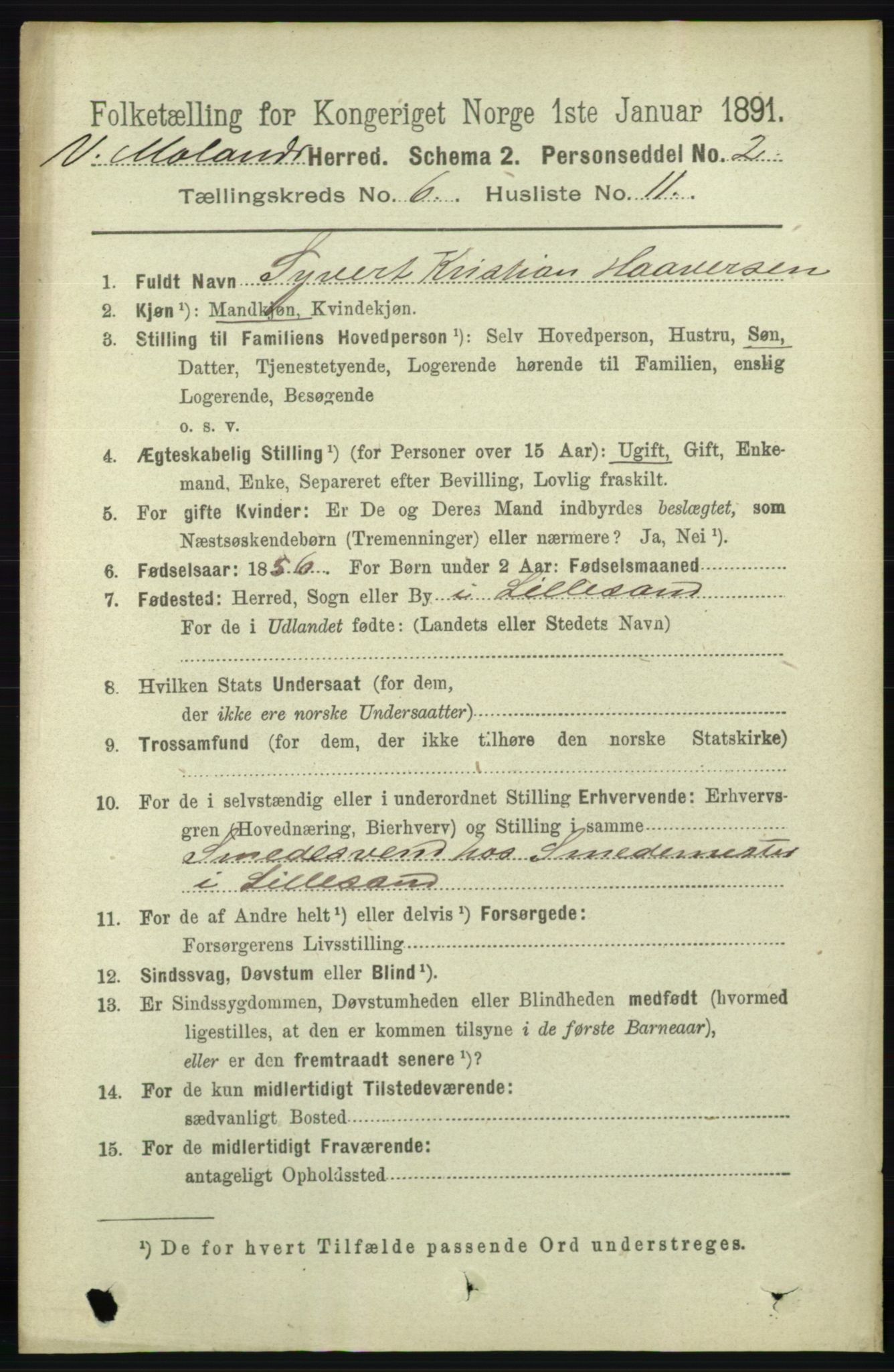 RA, 1891 census for 0926 Vestre Moland, 1891, p. 2396
