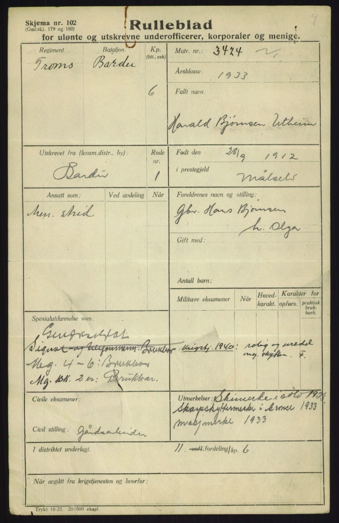 Forsvaret, Troms infanteriregiment nr. 16, AV/RA-RAFA-3146/P/Pa/L0017: Rulleblad for regimentets menige mannskaper, årsklasse 1933, 1933, p. 1327