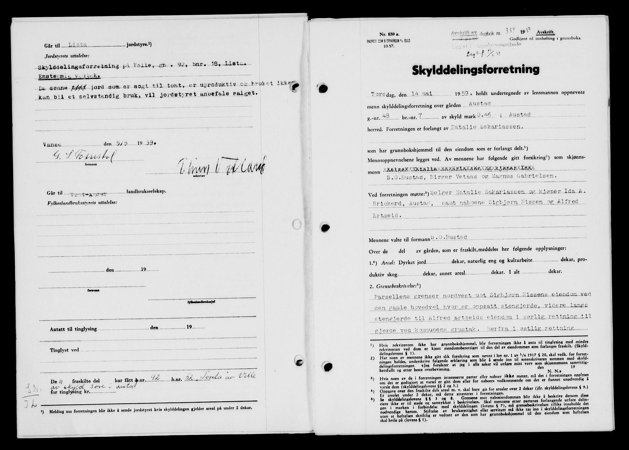 Lyngdal sorenskriveri, AV/SAK-1221-0004/G/Gb/L0678: Mortgage book no. A XXIV, 1958-1959, Diary no: : 334/1959