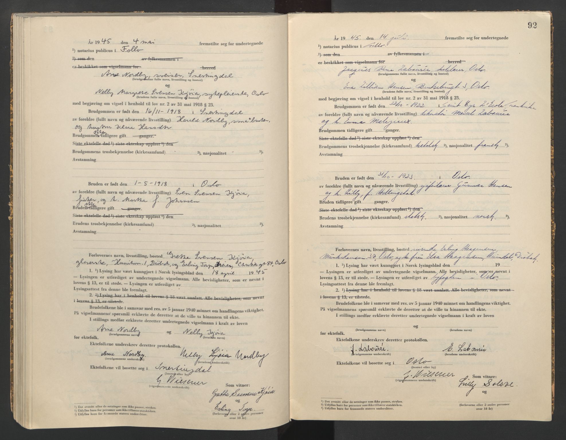 Follo sorenskriveri, AV/SAO-A-10274/L/La/Lab/L0002: Vigselsbok, 1942-1946, p. 92