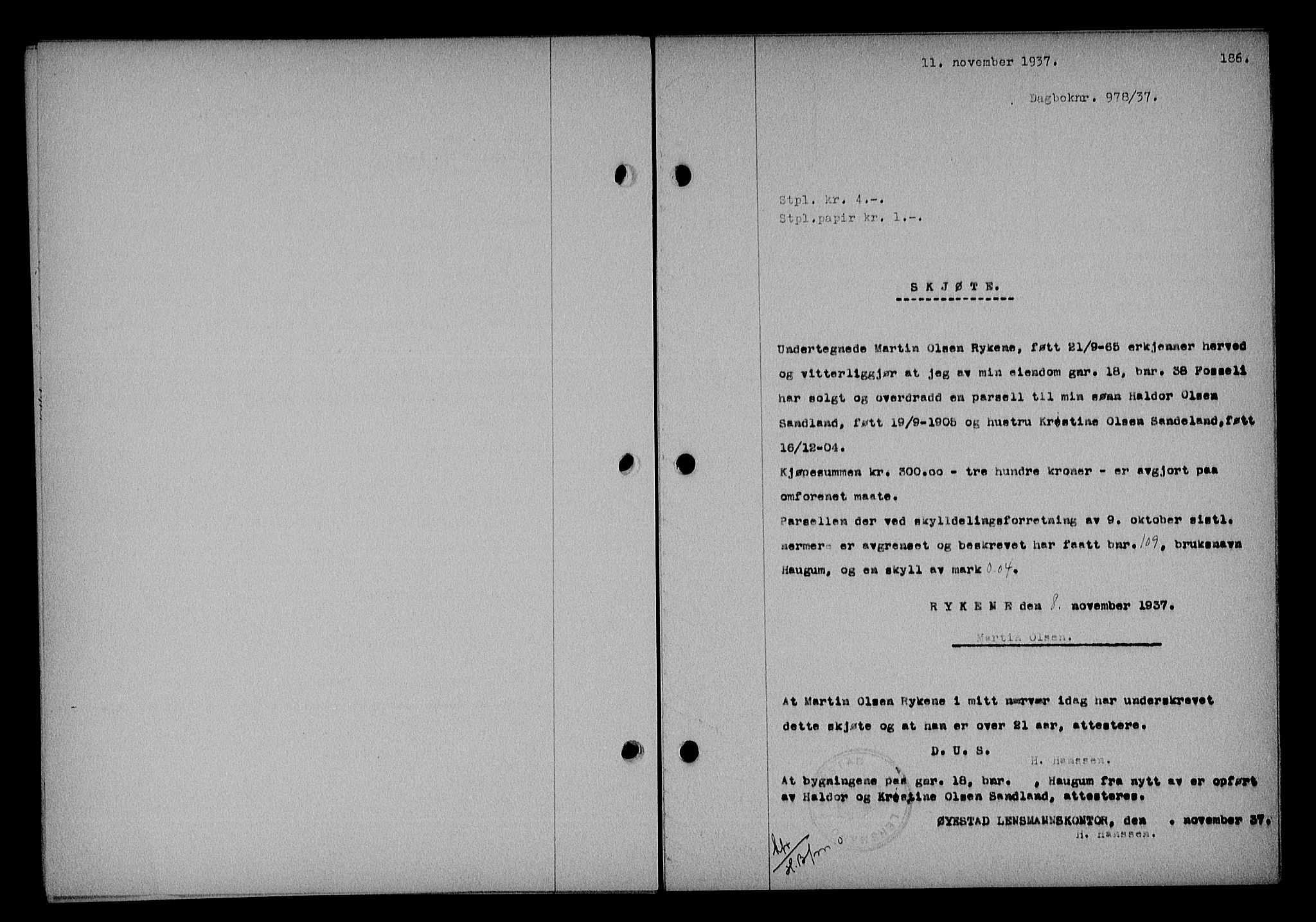 Nedenes sorenskriveri, AV/SAK-1221-0006/G/Gb/Gba/L0044: Mortgage book no. 40, 1937-1938, Diary no: : 978/1937