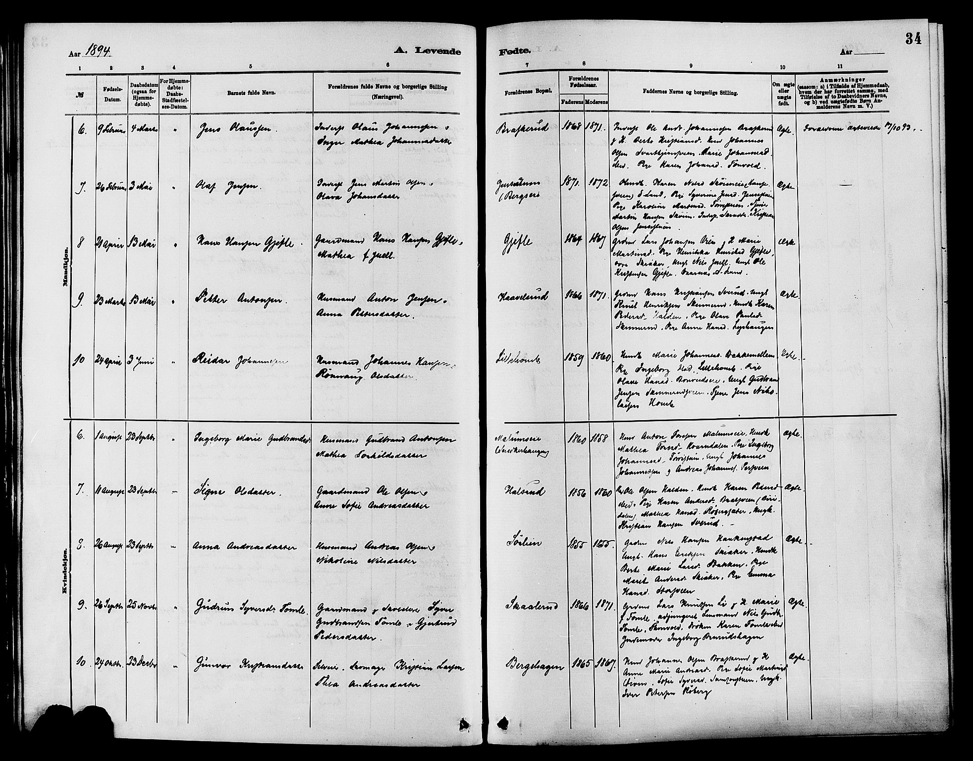 Nordre Land prestekontor, AV/SAH-PREST-124/H/Ha/Haa/L0003: Parish register (official) no. 3, 1882-1896, p. 34