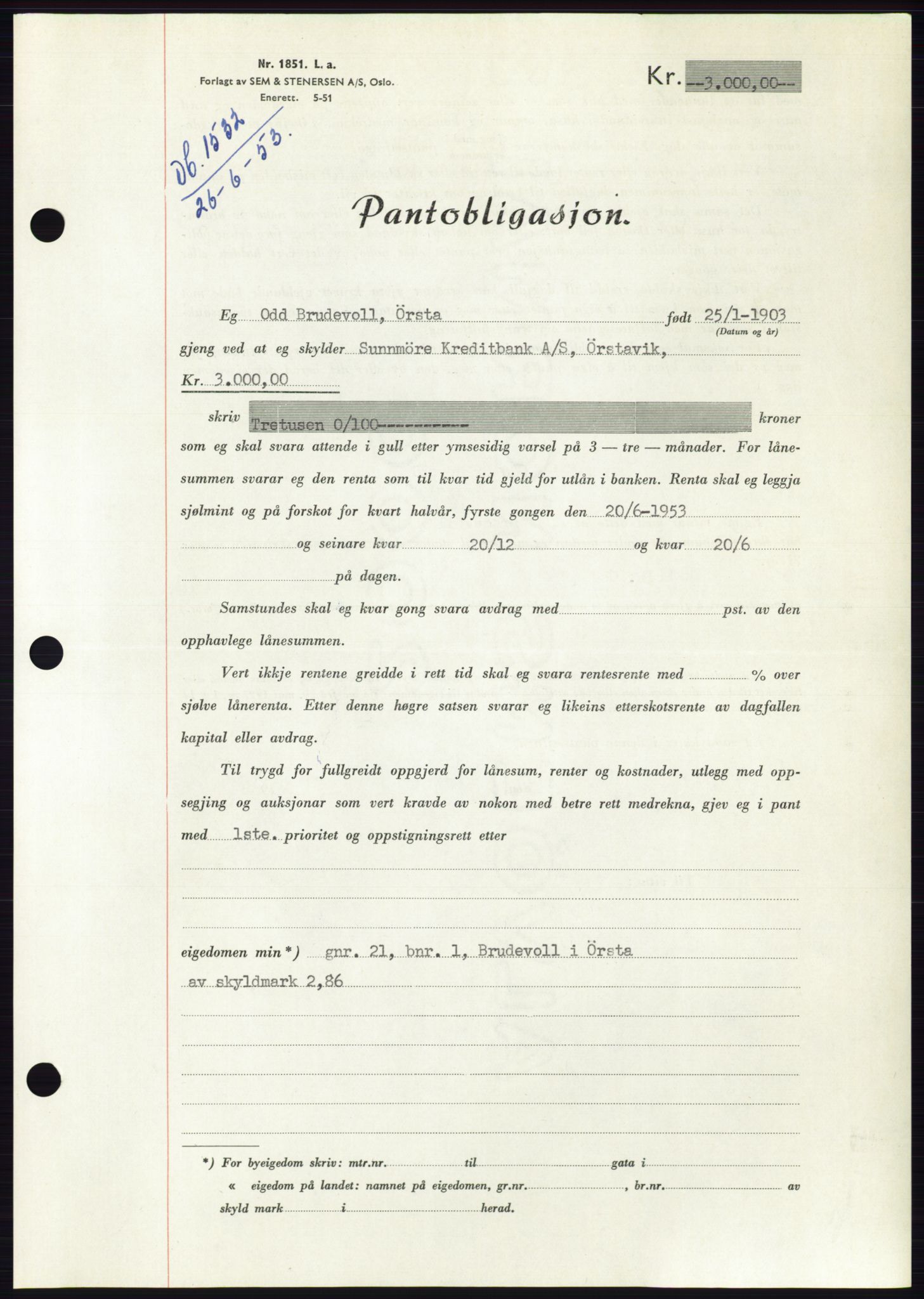 Søre Sunnmøre sorenskriveri, AV/SAT-A-4122/1/2/2C/L0123: Mortgage book no. 11B, 1953-1953, Diary no: : 1532/1953