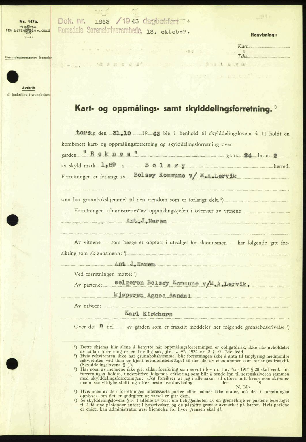 Romsdal sorenskriveri, AV/SAT-A-4149/1/2/2C: Mortgage book no. A15, 1943-1944, Diary no: : 1863/1943