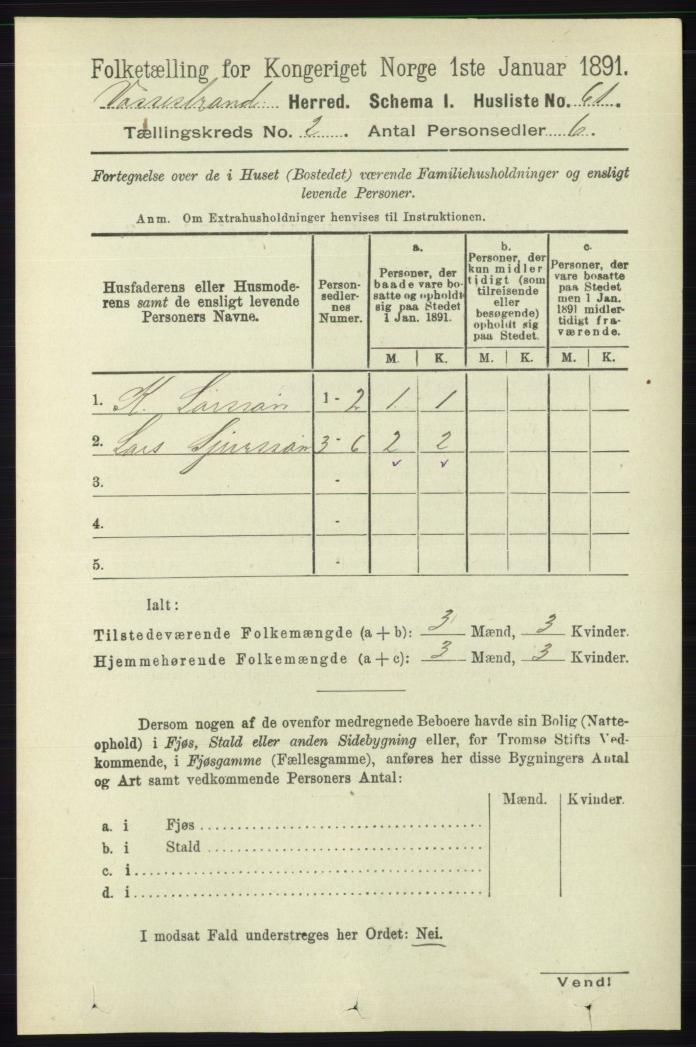 RA, 1891 census for 1236 Vossestrand, 1891, p. 702