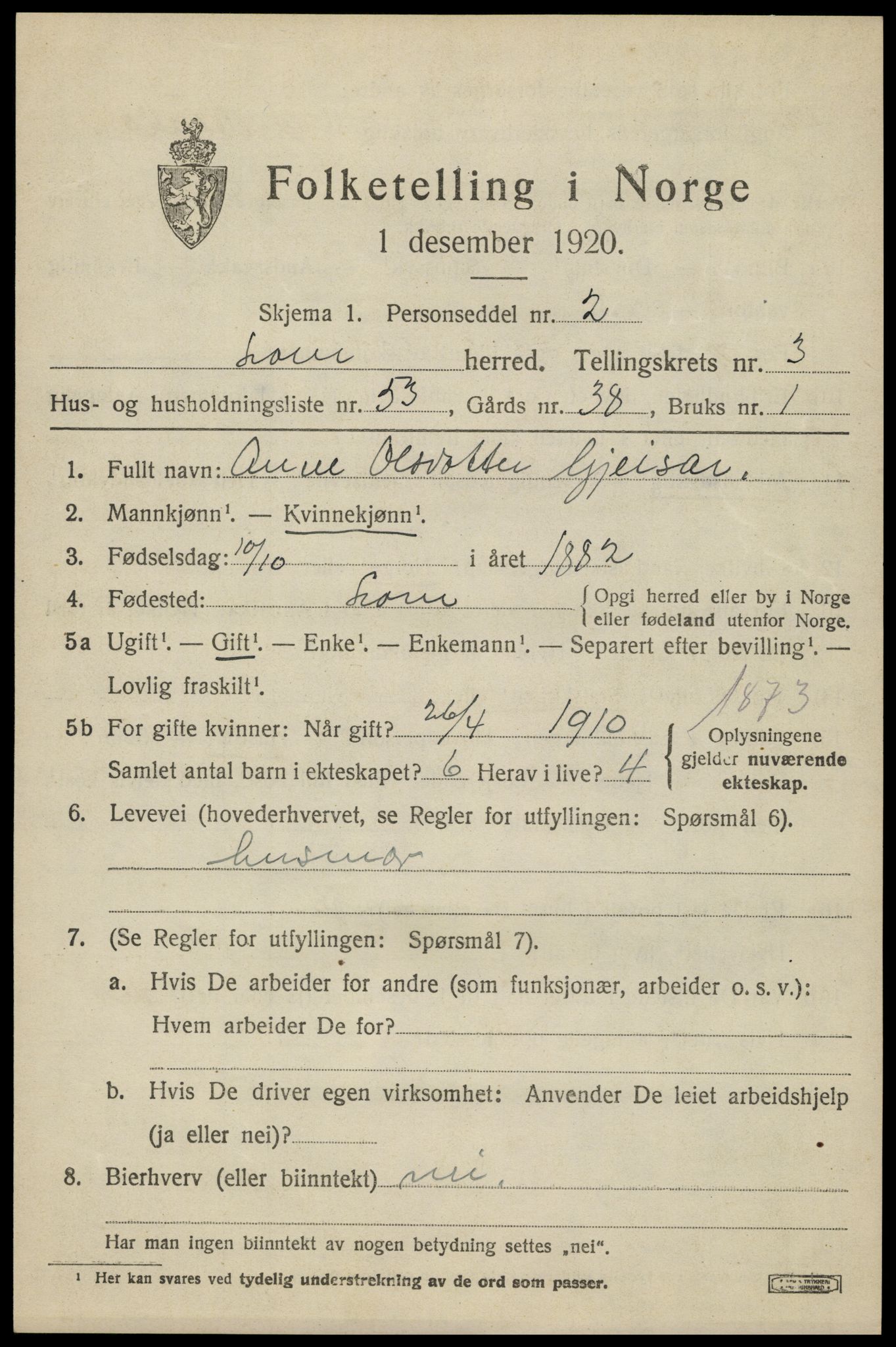 SAH, 1920 census for Lom, 1920, p. 2558