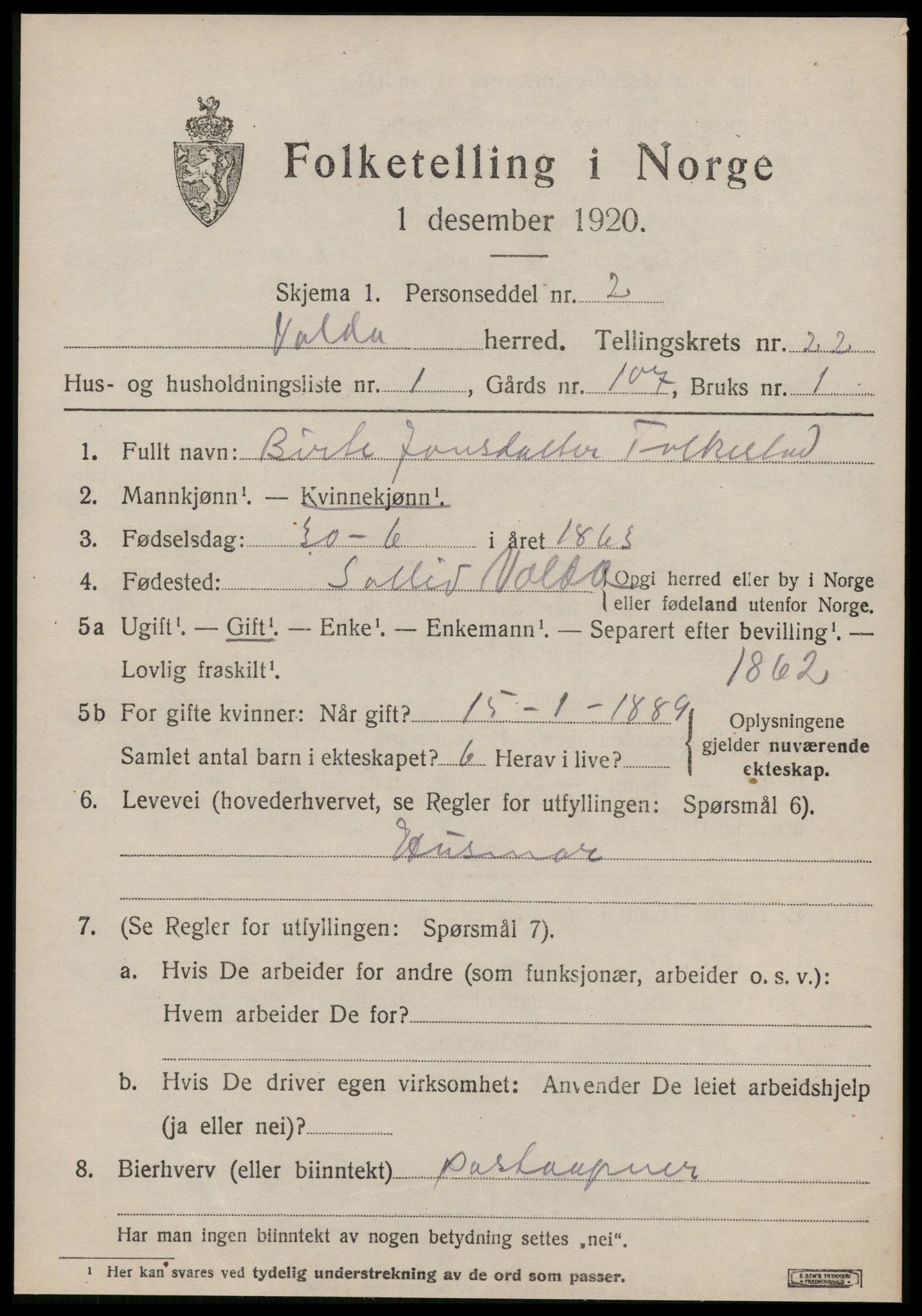 SAT, 1920 census for Volda, 1920, p. 11174