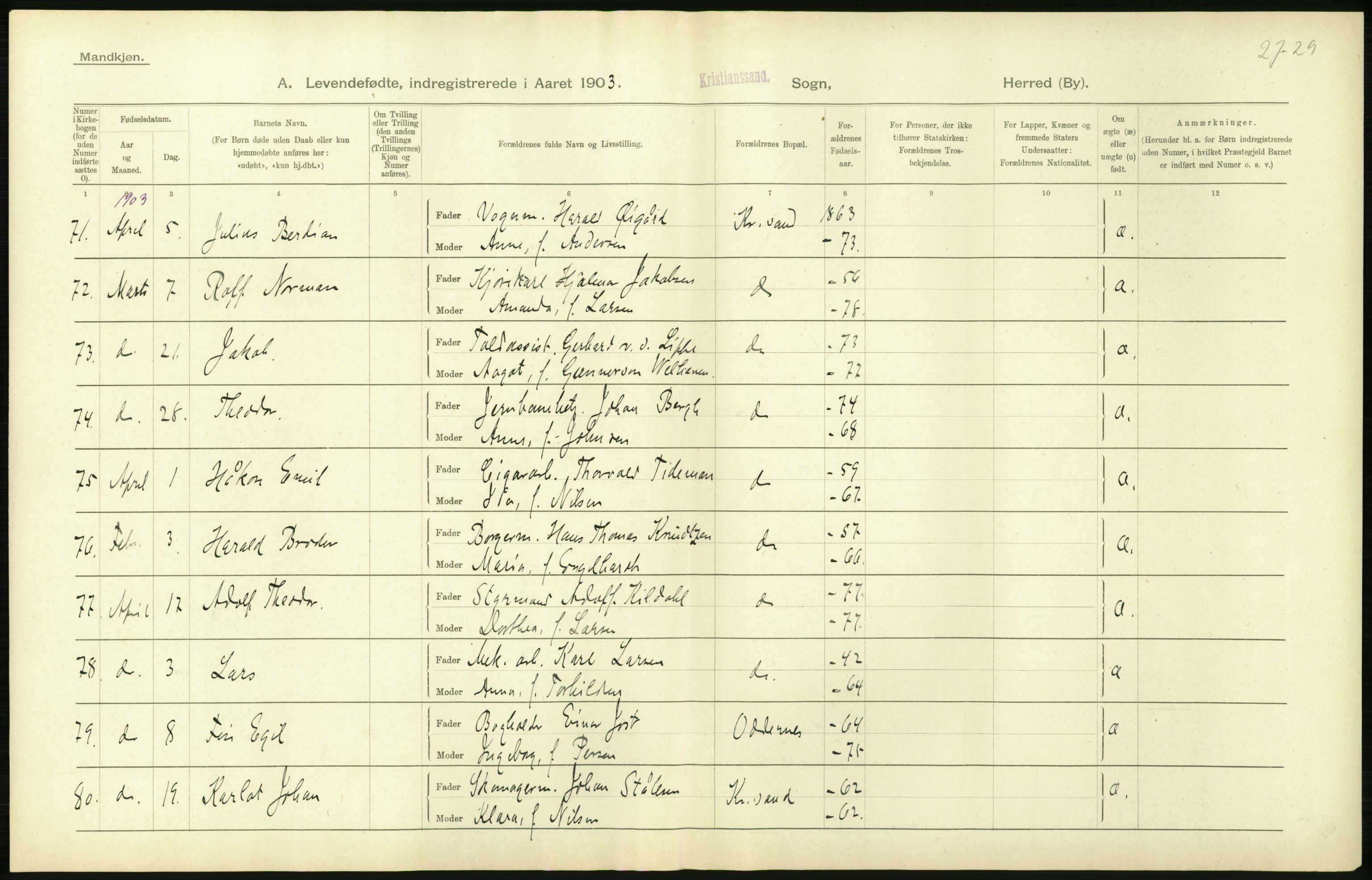 Statistisk sentralbyrå, Sosiodemografiske emner, Befolkning, AV/RA-S-2228/D/Df/Dfa/Dfaa/L0011: Lister og Mandal amt: Fødte, gifte, døde, 1903, p. 258