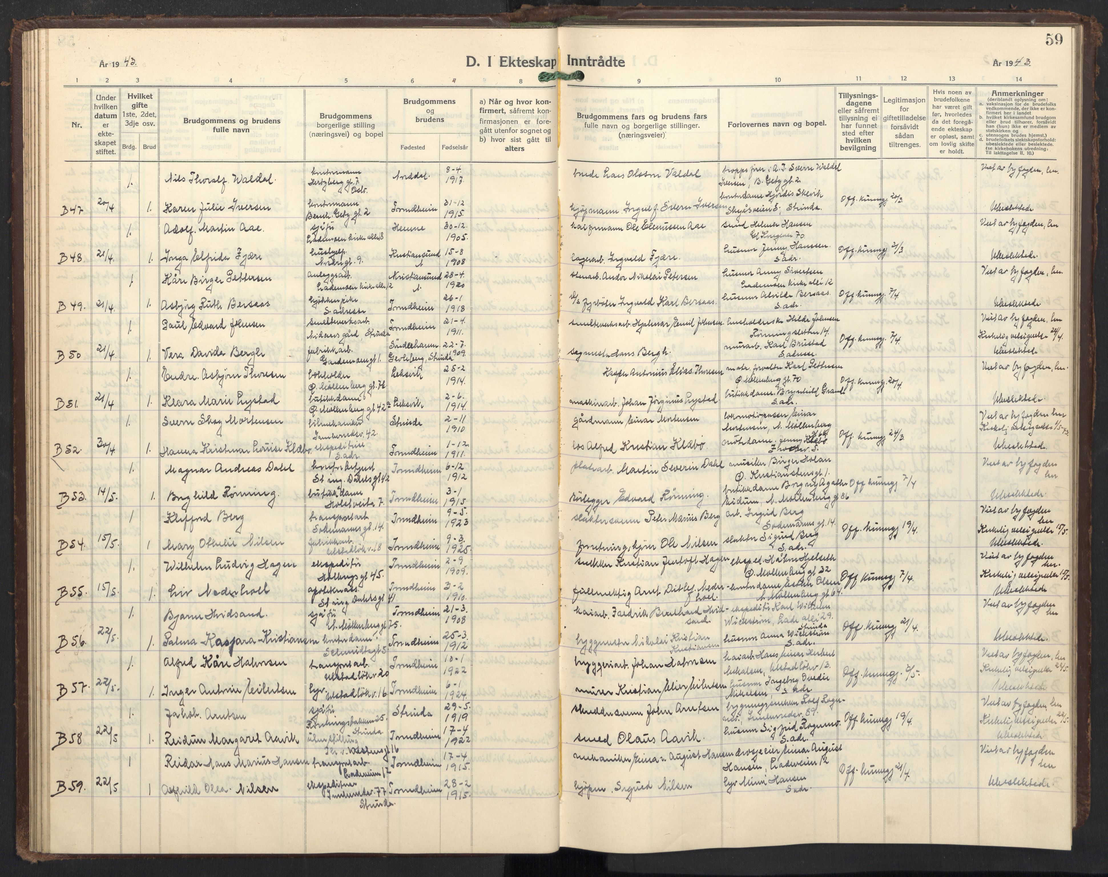 Ministerialprotokoller, klokkerbøker og fødselsregistre - Sør-Trøndelag, AV/SAT-A-1456/605/L0263: Parish register (copy) no. 605C10, 1938-1949, p. 59