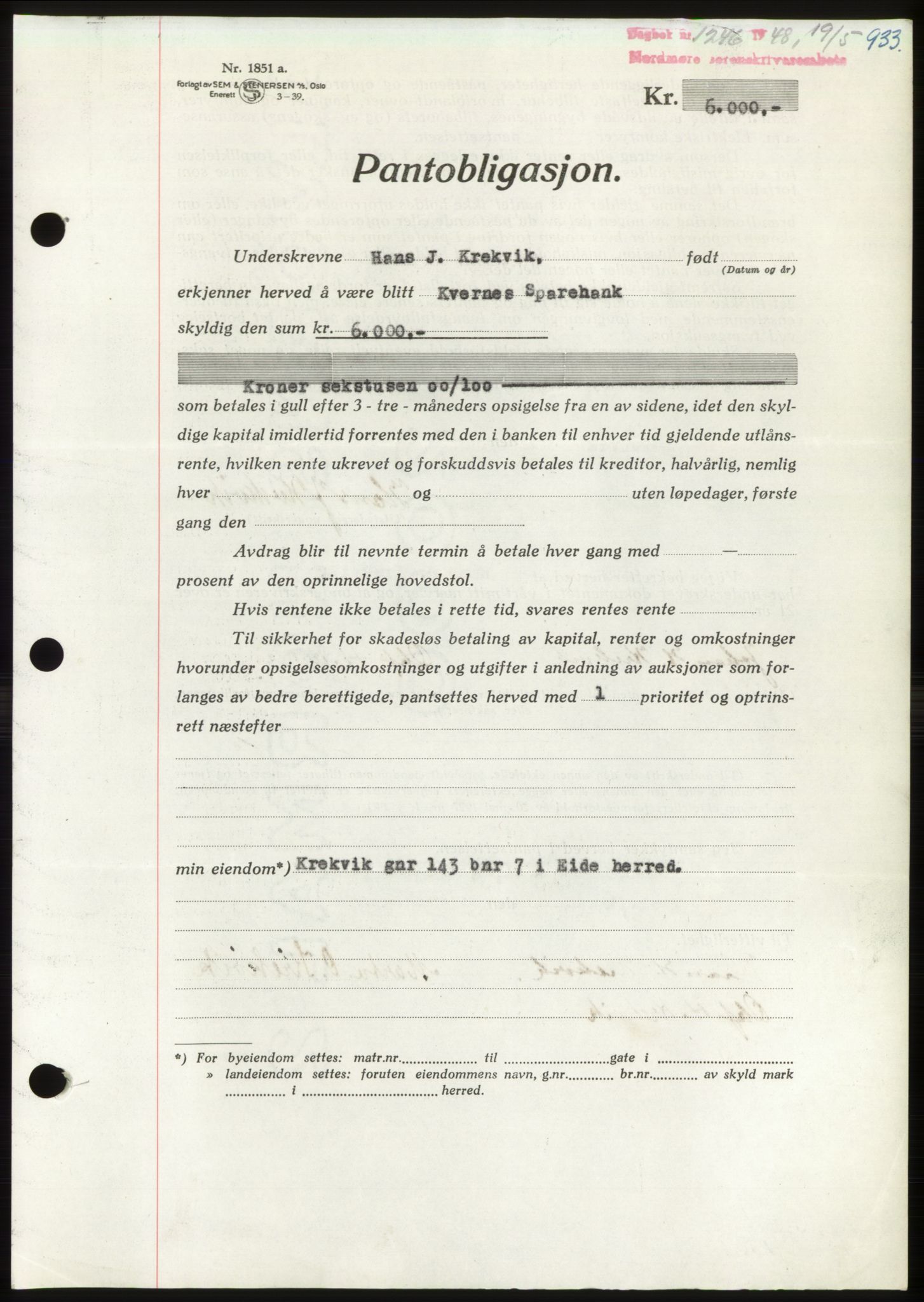 Nordmøre sorenskriveri, AV/SAT-A-4132/1/2/2Ca: Mortgage book no. B98, 1948-1948, Diary no: : 1246/1948