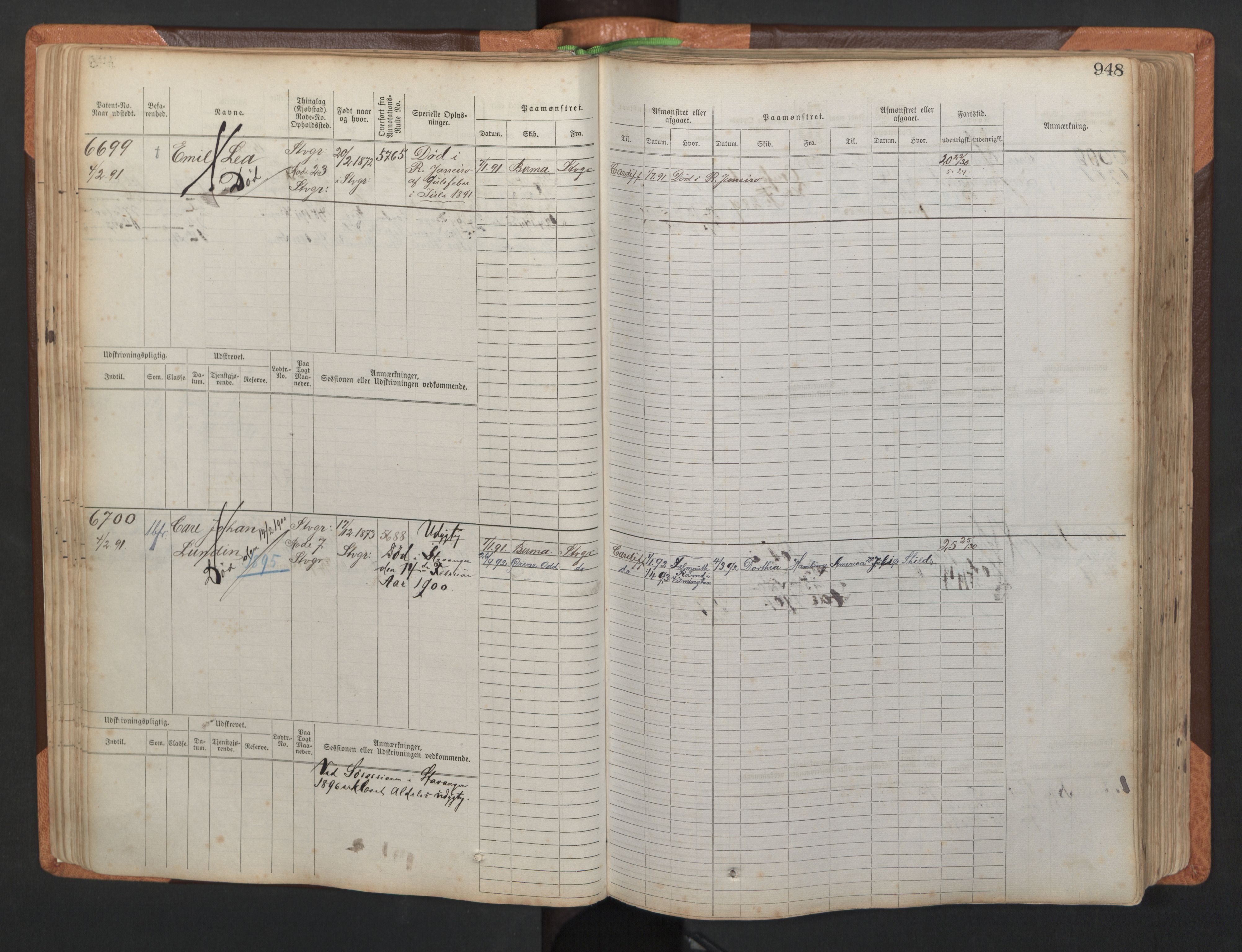 Stavanger sjømannskontor, AV/SAST-A-102006/F/Fb/Fbb/L0011: Sjøfartshovedrulle, patentnr. 6607-7206 (del 2), 1887-1896, p. 51