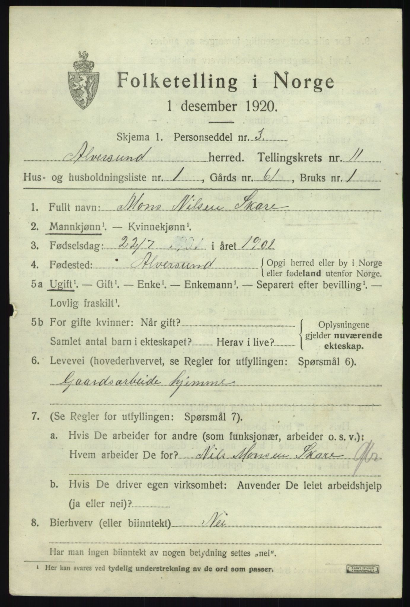 SAB, 1920 census for Alversund, 1920, p. 6684