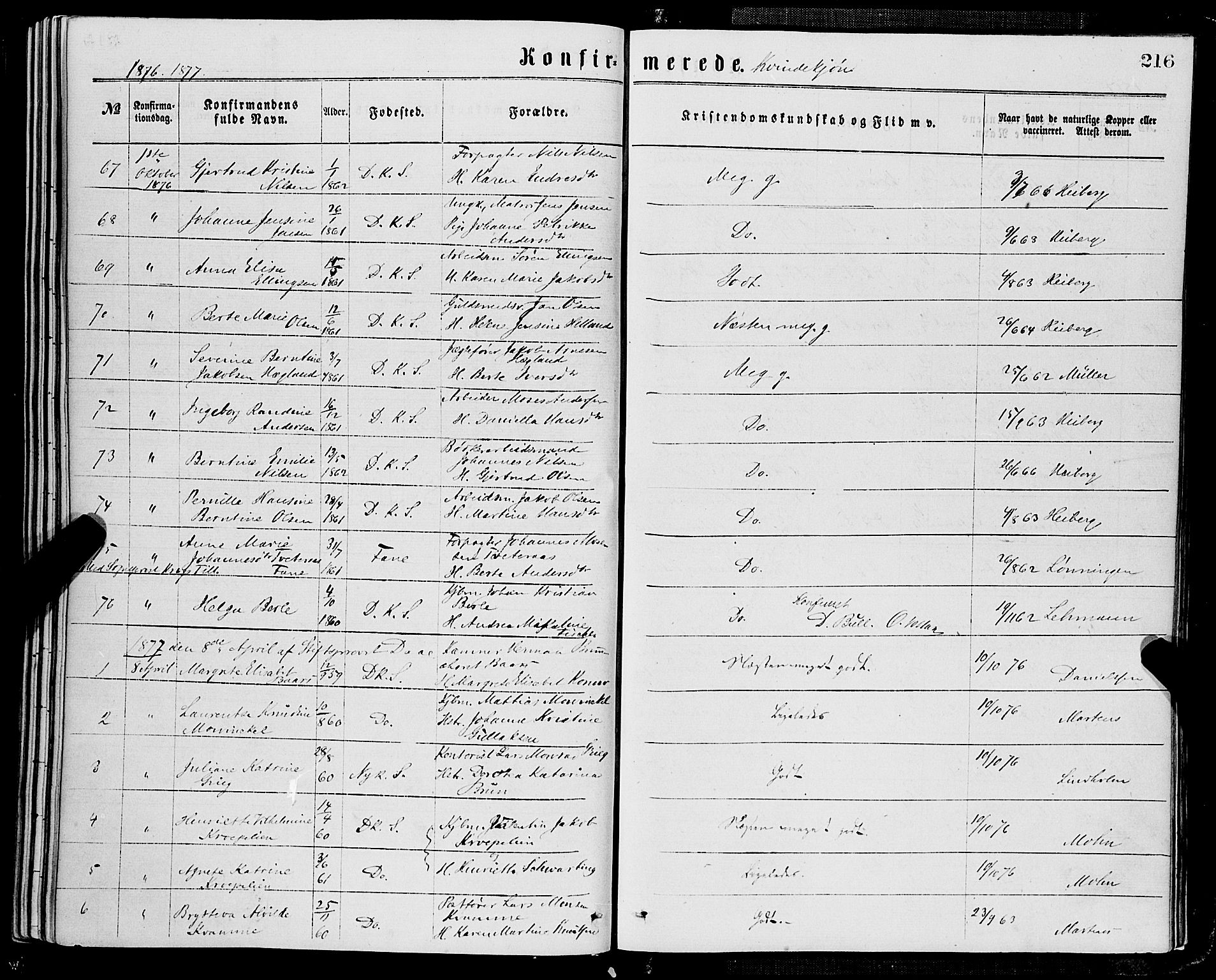 Domkirken sokneprestembete, SAB/A-74801/H/Haa/L0029: Parish register (official) no. C 4, 1864-1879, p. 216