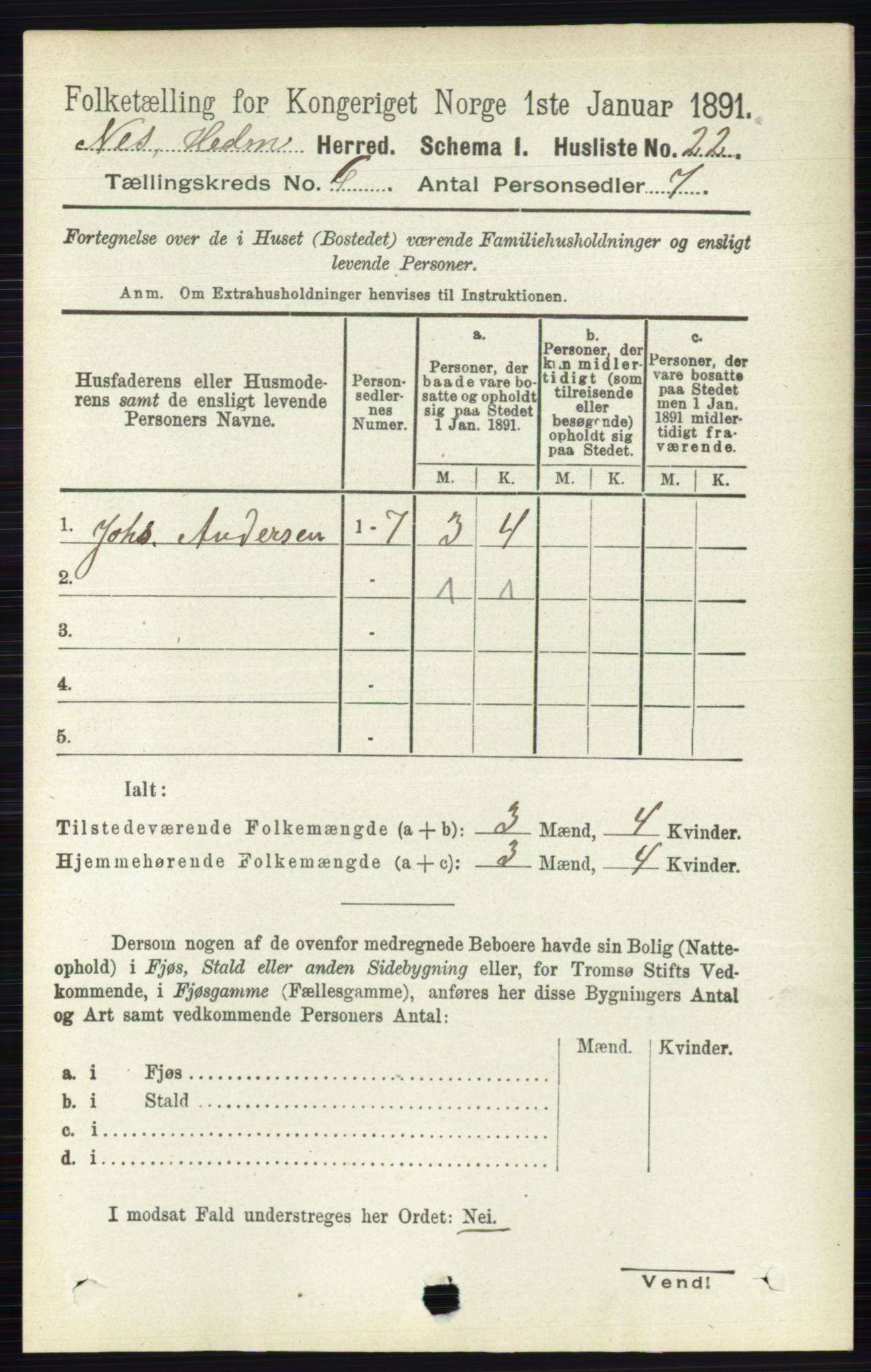 RA, 1891 census for 0411 Nes, 1891, p. 3190