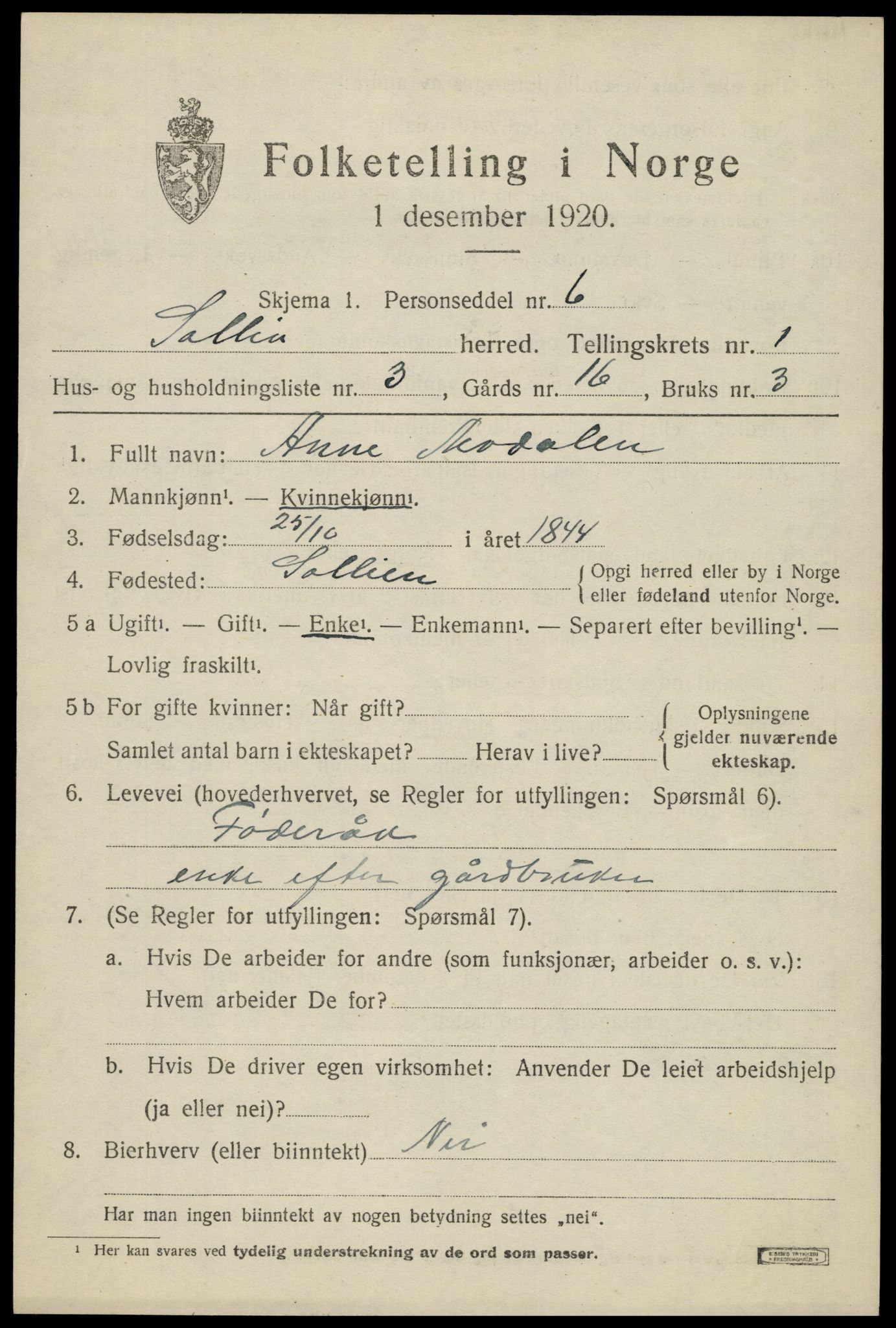 SAH, 1920 census for Sollia, 1920, p. 221
