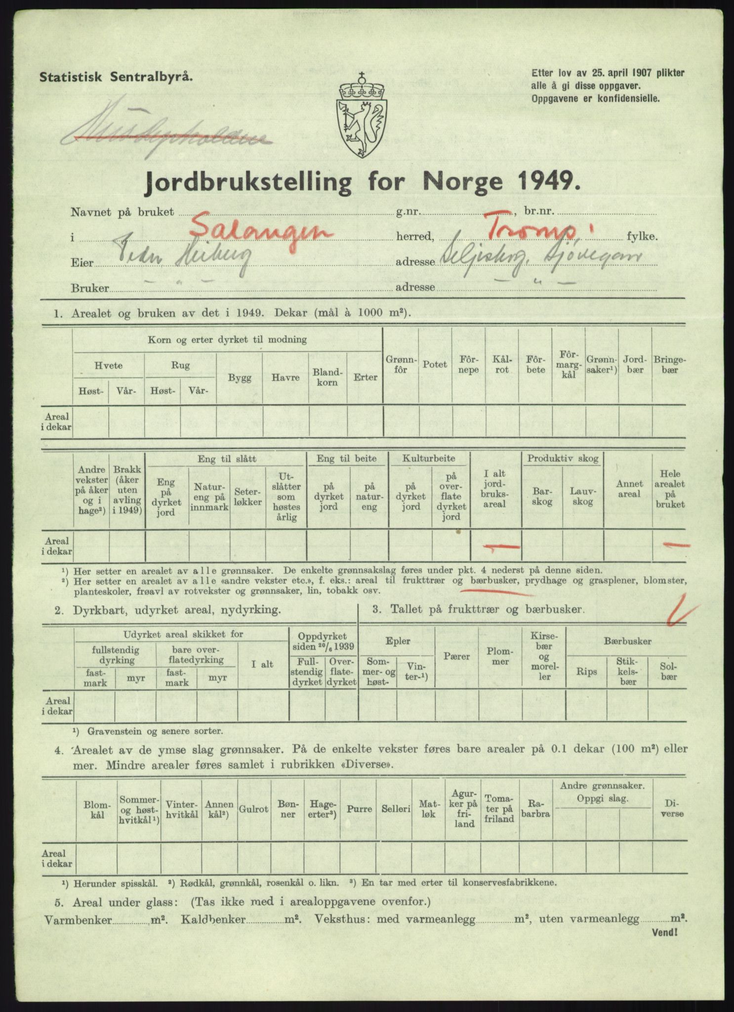 Statistisk sentralbyrå, Næringsøkonomiske emner, Jordbruk, skogbruk, jakt, fiske og fangst, AV/RA-S-2234/G/Gc/L0438: Troms: Salangen og Bardu, 1949, p. 27