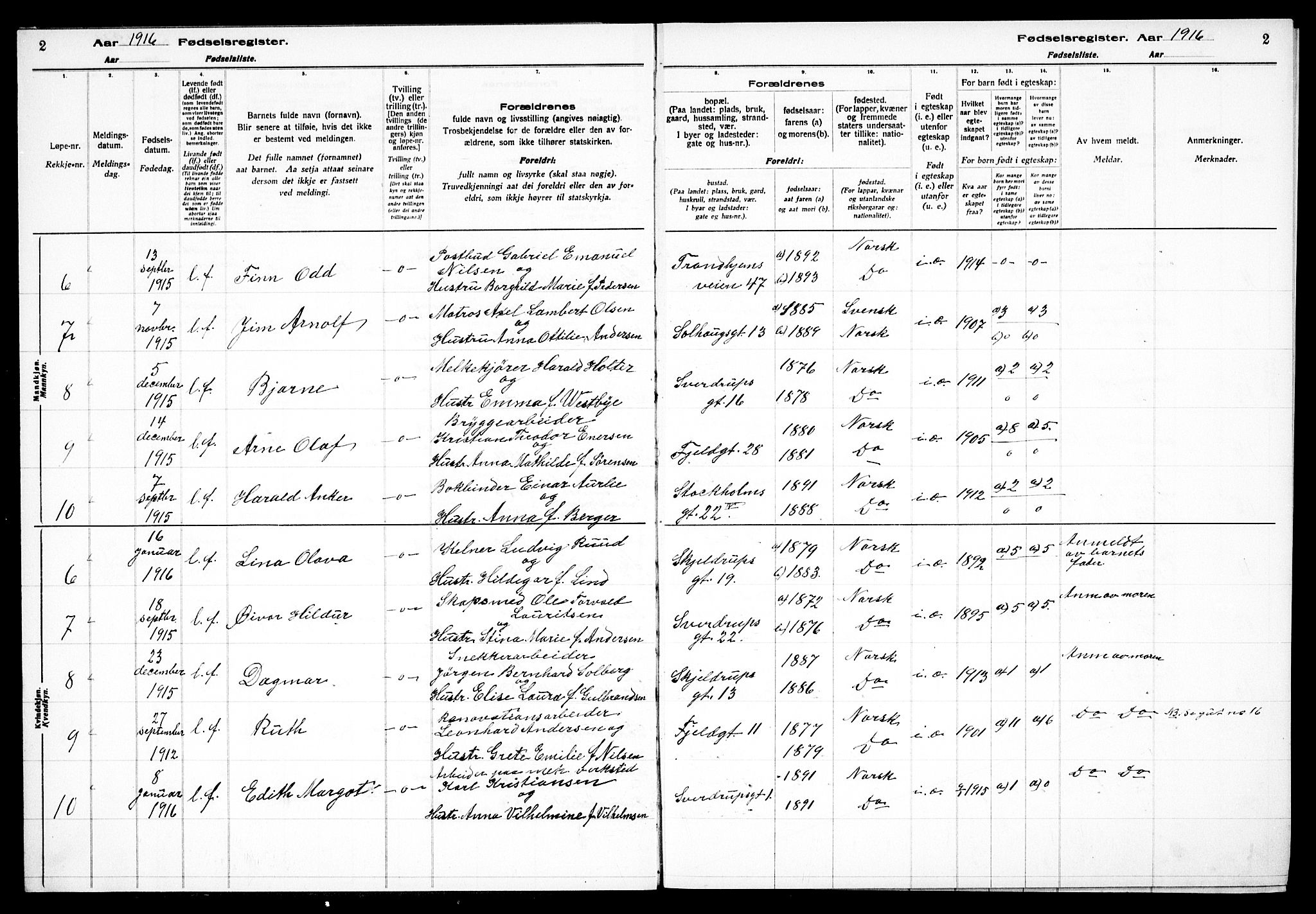 Petrus prestekontor Kirkebøker, AV/SAO-A-10872/J/Ja/L0001: Birth register no. 1, 1916-1922, p. 2