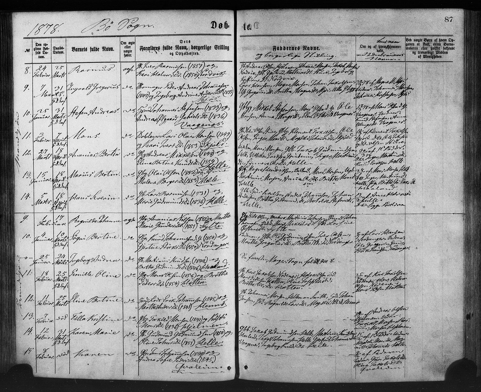 Manger sokneprestembete, SAB/A-76801/H/Haa: Parish register (official) no. A 8, 1871-1880, p. 87