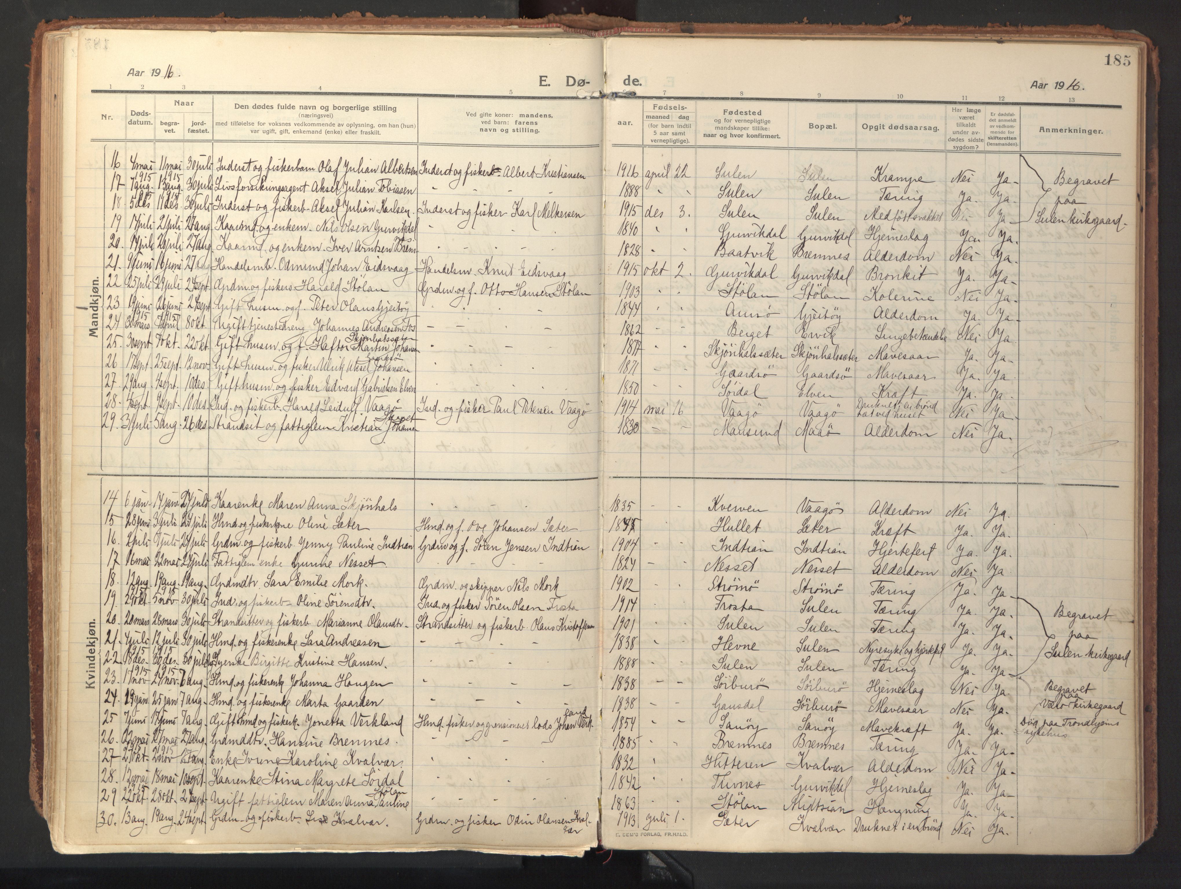 Ministerialprotokoller, klokkerbøker og fødselsregistre - Sør-Trøndelag, SAT/A-1456/640/L0581: Parish register (official) no. 640A06, 1910-1924, p. 185