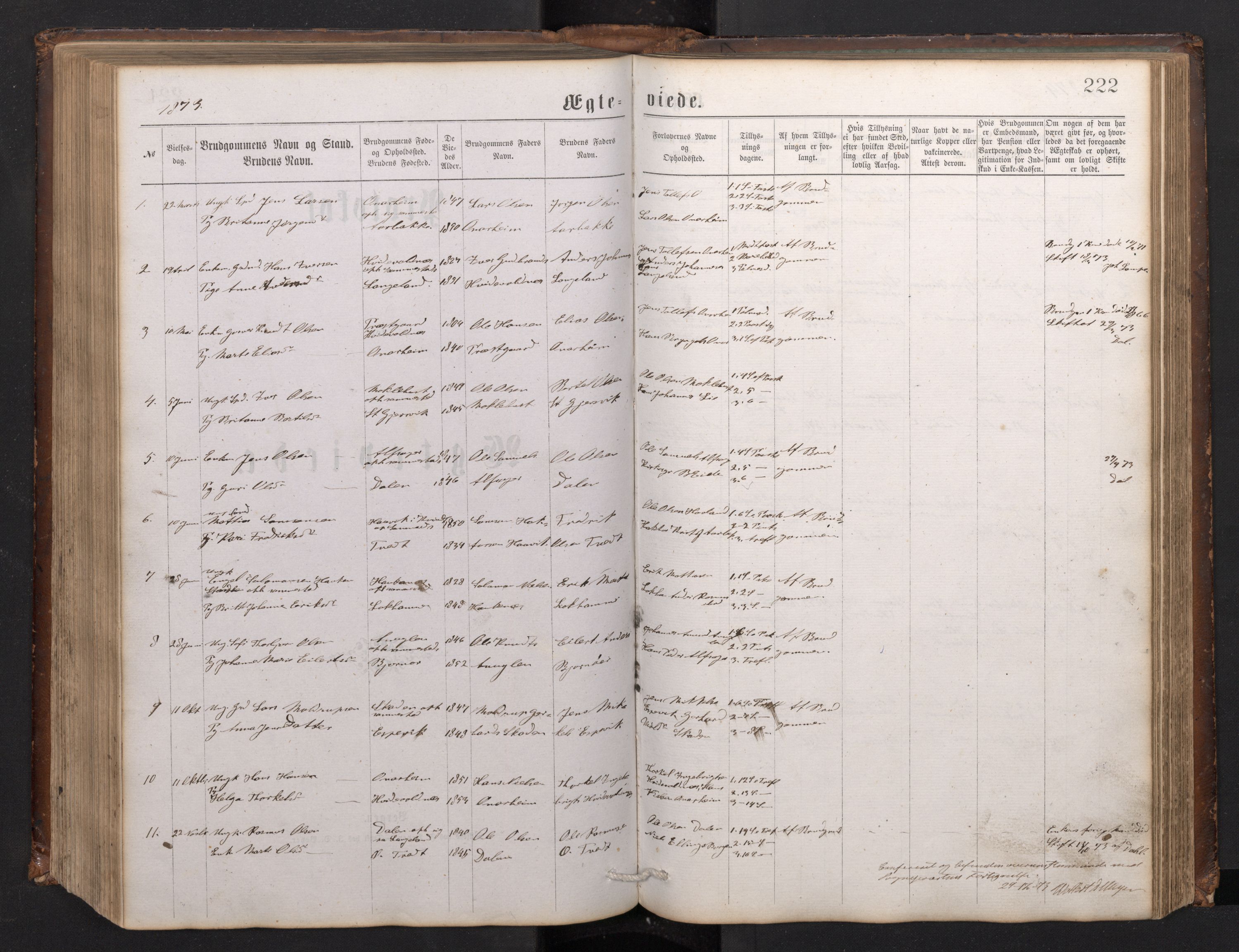 Tysnes sokneprestembete, SAB/A-78601/H/Hab: Parish register (copy) no. C 1, 1873-1895, p. 221b-222a