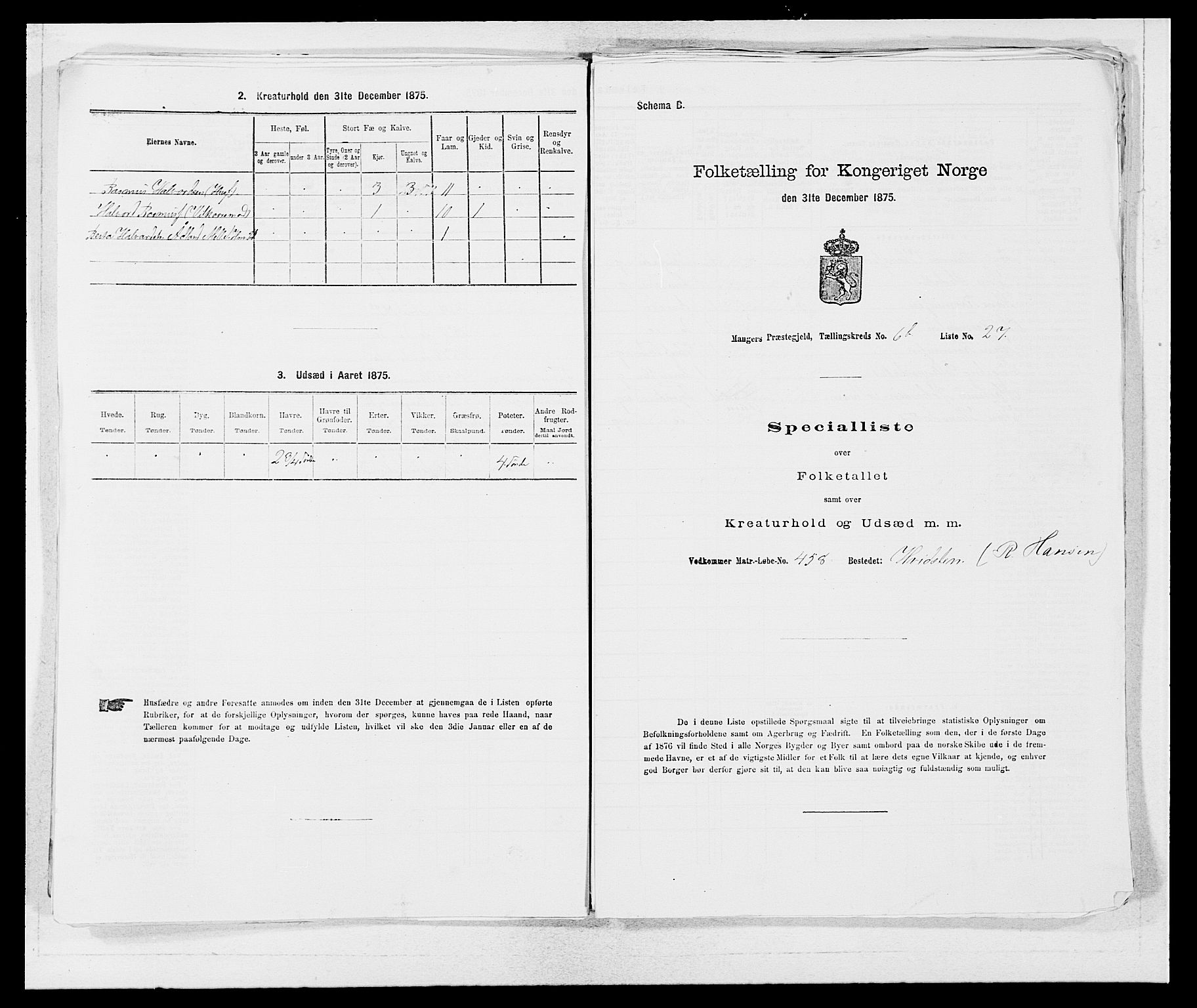 SAB, 1875 census for 1261P Manger, 1875, p. 930