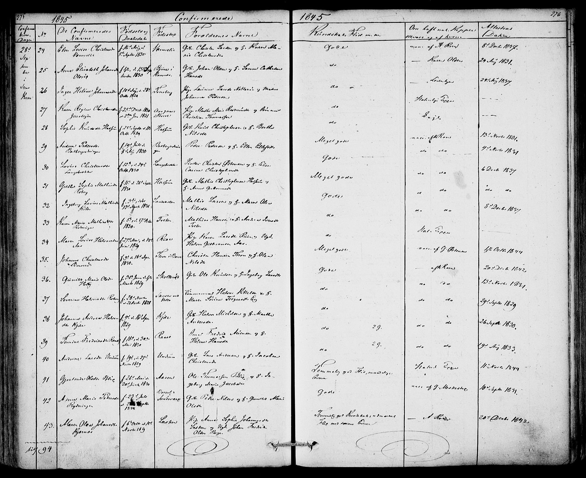 Sem kirkebøker, AV/SAKO-A-5/F/Fa/L0006: Parish register (official) no. I 6, 1843-1855, p. 275-276