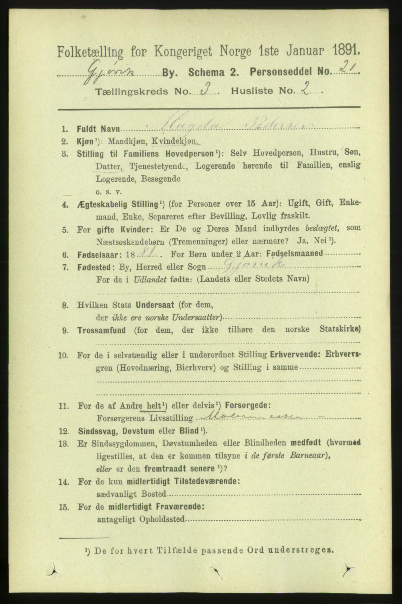 RA, 1891 census for 0502 Gjøvik, 1891, p. 1009