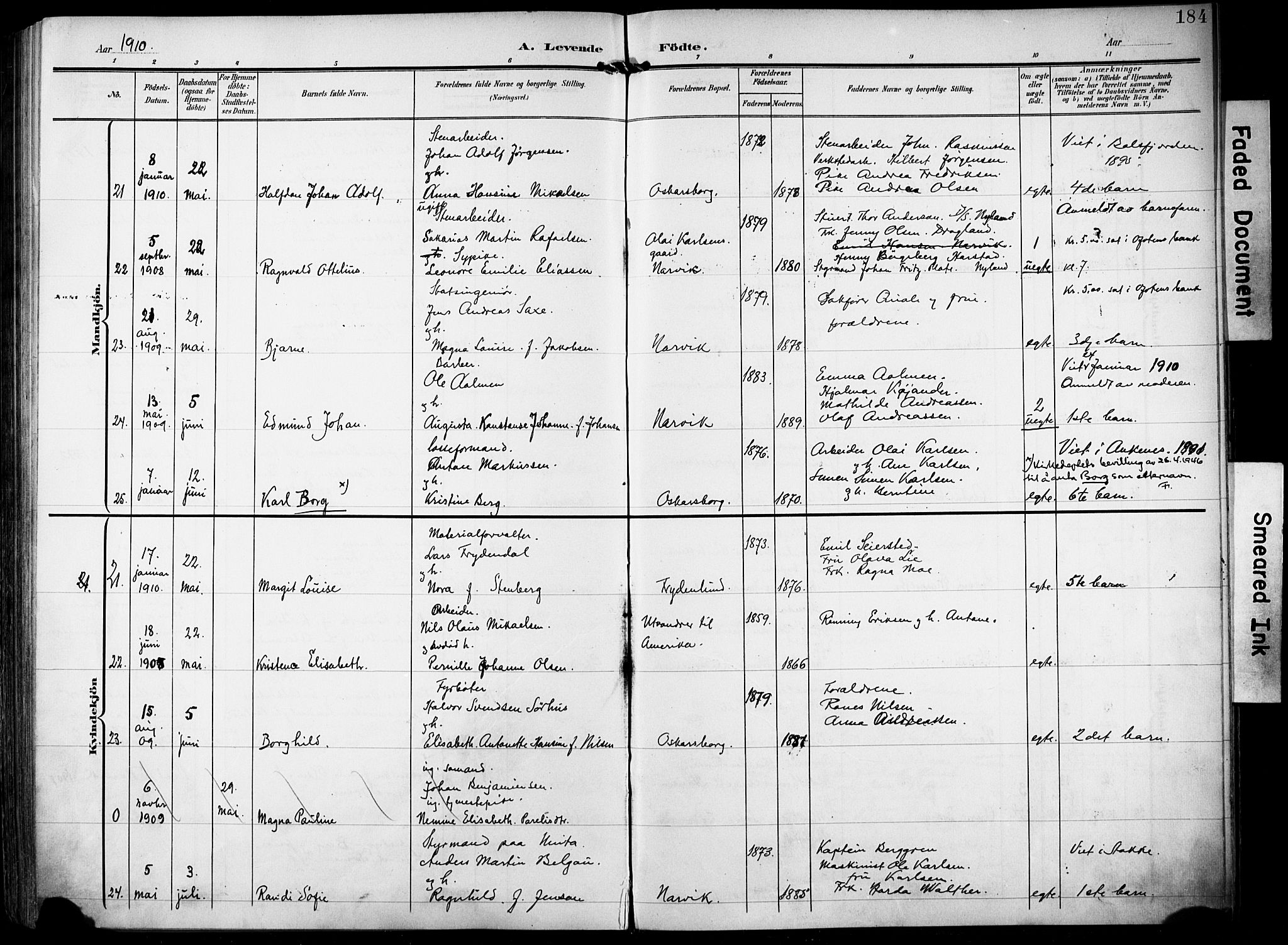 Ministerialprotokoller, klokkerbøker og fødselsregistre - Nordland, AV/SAT-A-1459/871/L0994: Parish register (official) no. 871A10, 1902-1910, p. 184