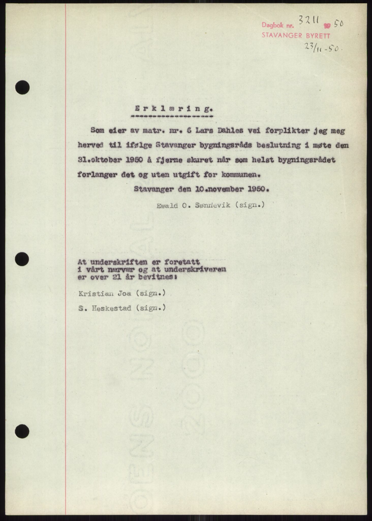 Stavanger byrett, SAST/A-100455/002/G/Gb/L0032: Mortgage book, 1947-1950, Diary no: : 3211/1950