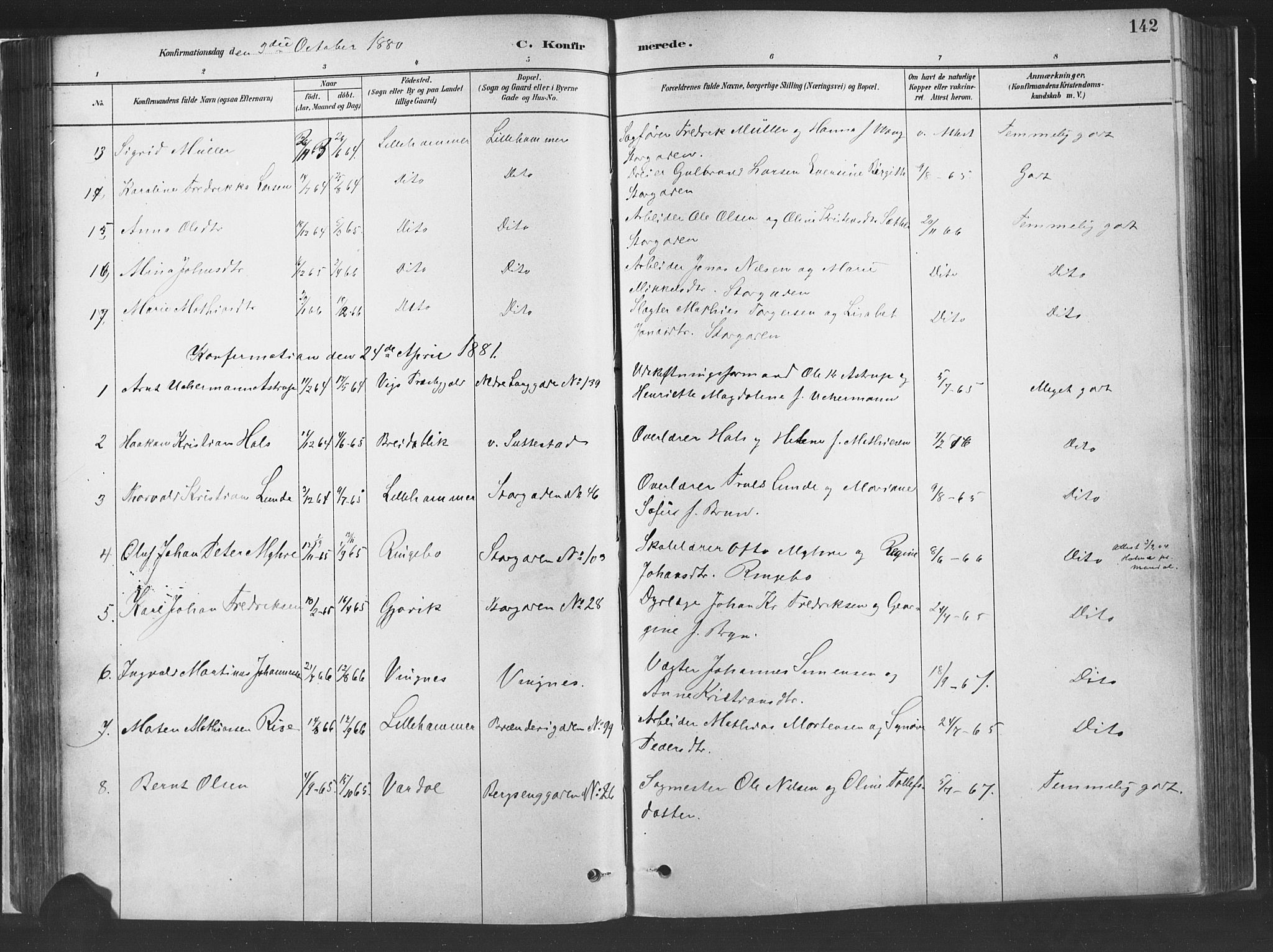 Fåberg prestekontor, AV/SAH-PREST-086/H/Ha/Haa/L0010: Parish register (official) no. 10, 1879-1900, p. 142