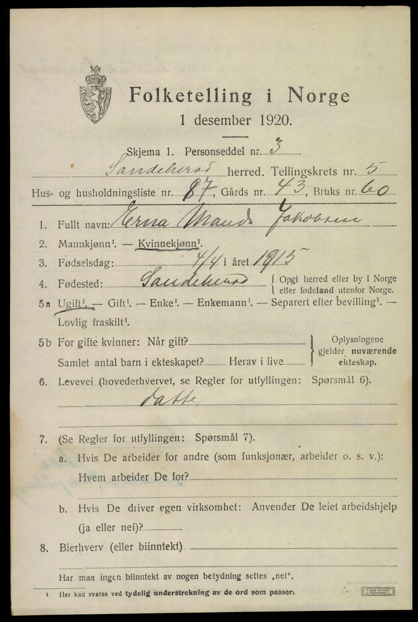 SAKO, 1920 census for Sandeherred, 1920, p. 9220