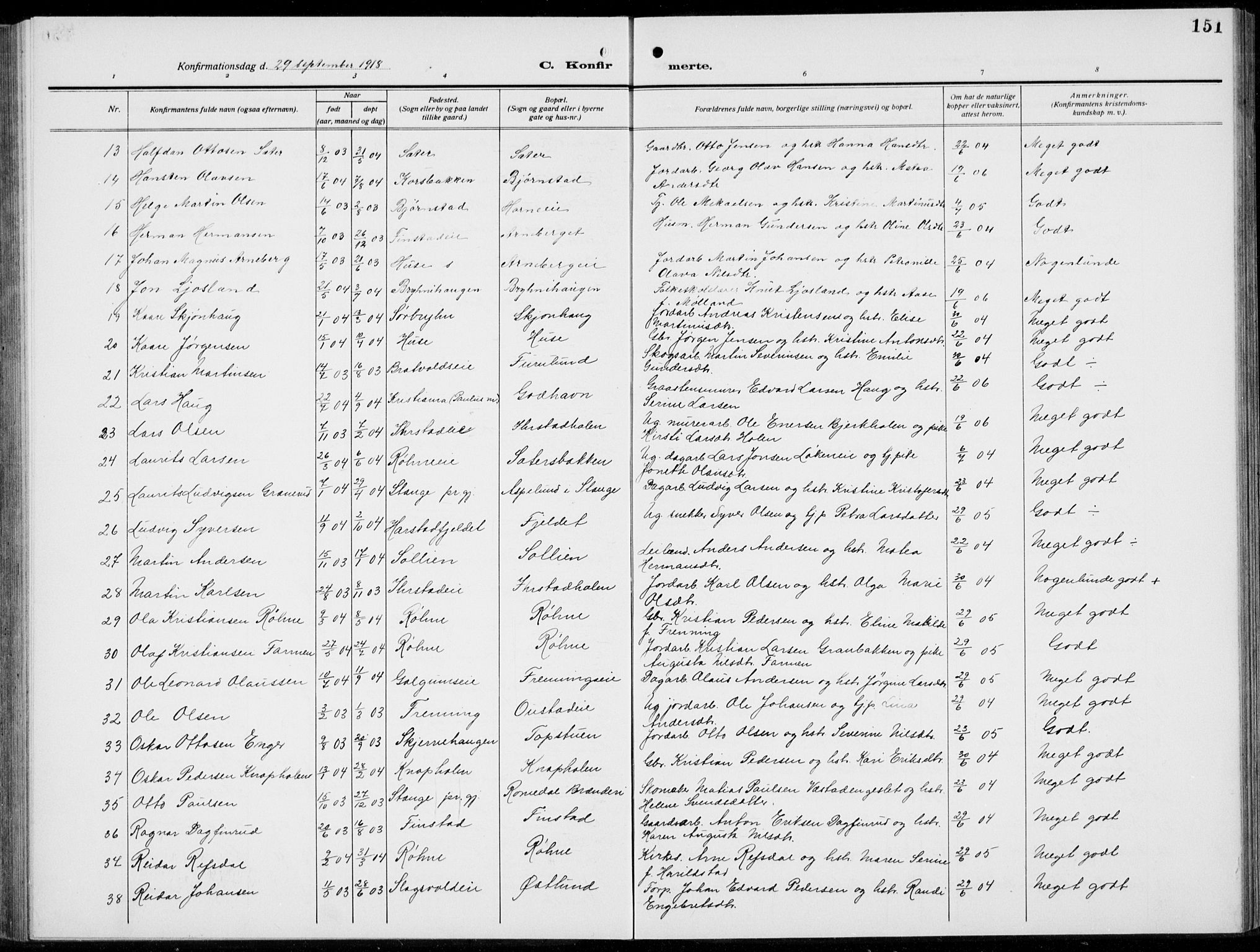 Romedal prestekontor, AV/SAH-PREST-004/L/L0014: Parish register (copy) no. 14, 1915-1939, p. 151