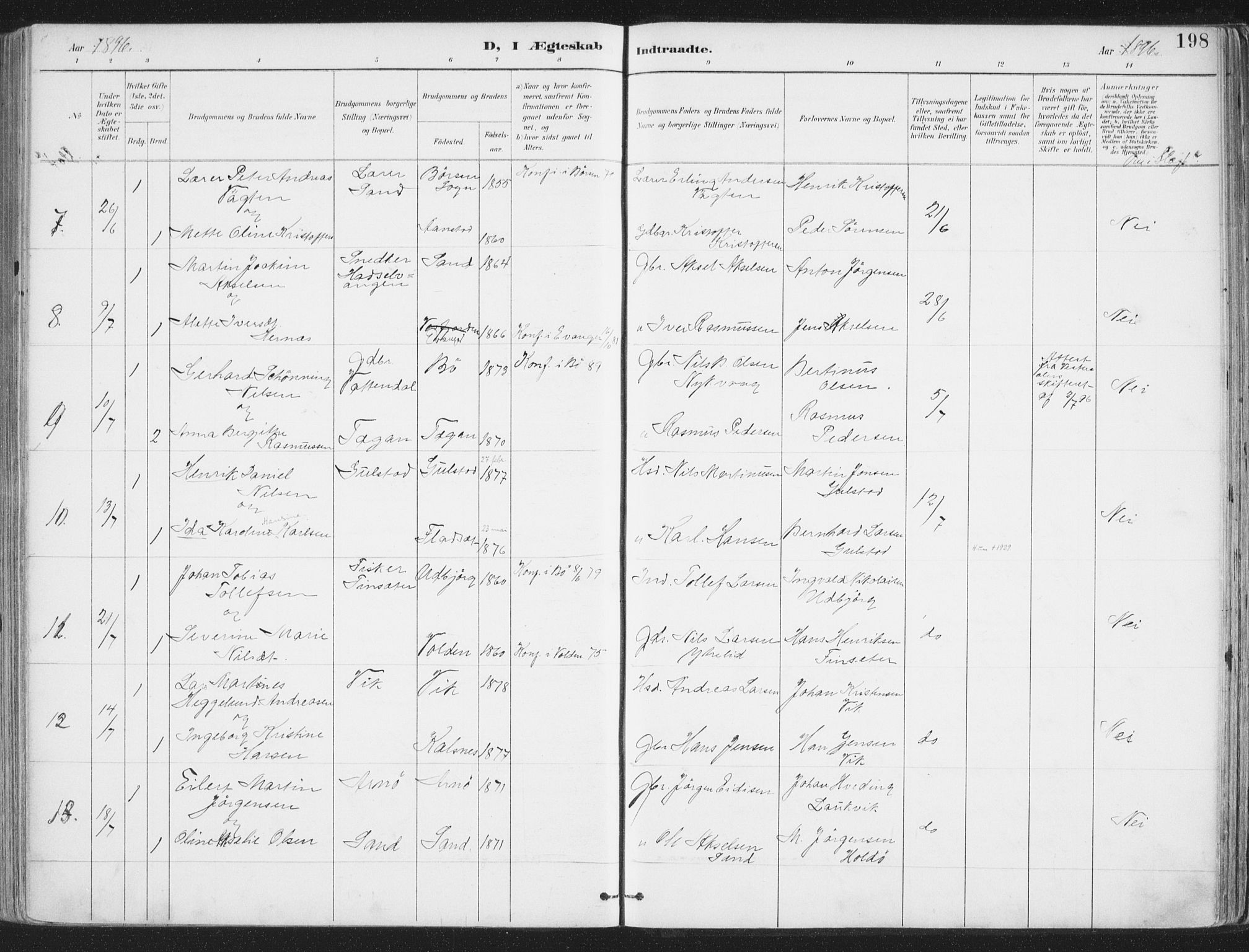 Ministerialprotokoller, klokkerbøker og fødselsregistre - Nordland, SAT/A-1459/888/L1246: Parish register (official) no. 888A12, 1891-1903, p. 198