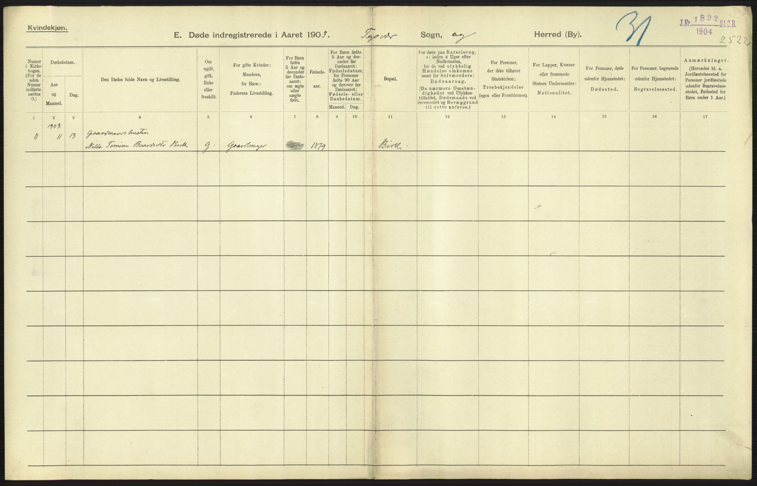 Statistisk sentralbyrå, Sosiodemografiske emner, Befolkning, AV/RA-S-2228/D/Df/Dfa/Dfaa/L0012: Stavanger amt: Fødte, gifte, døde, 1903, p. 659