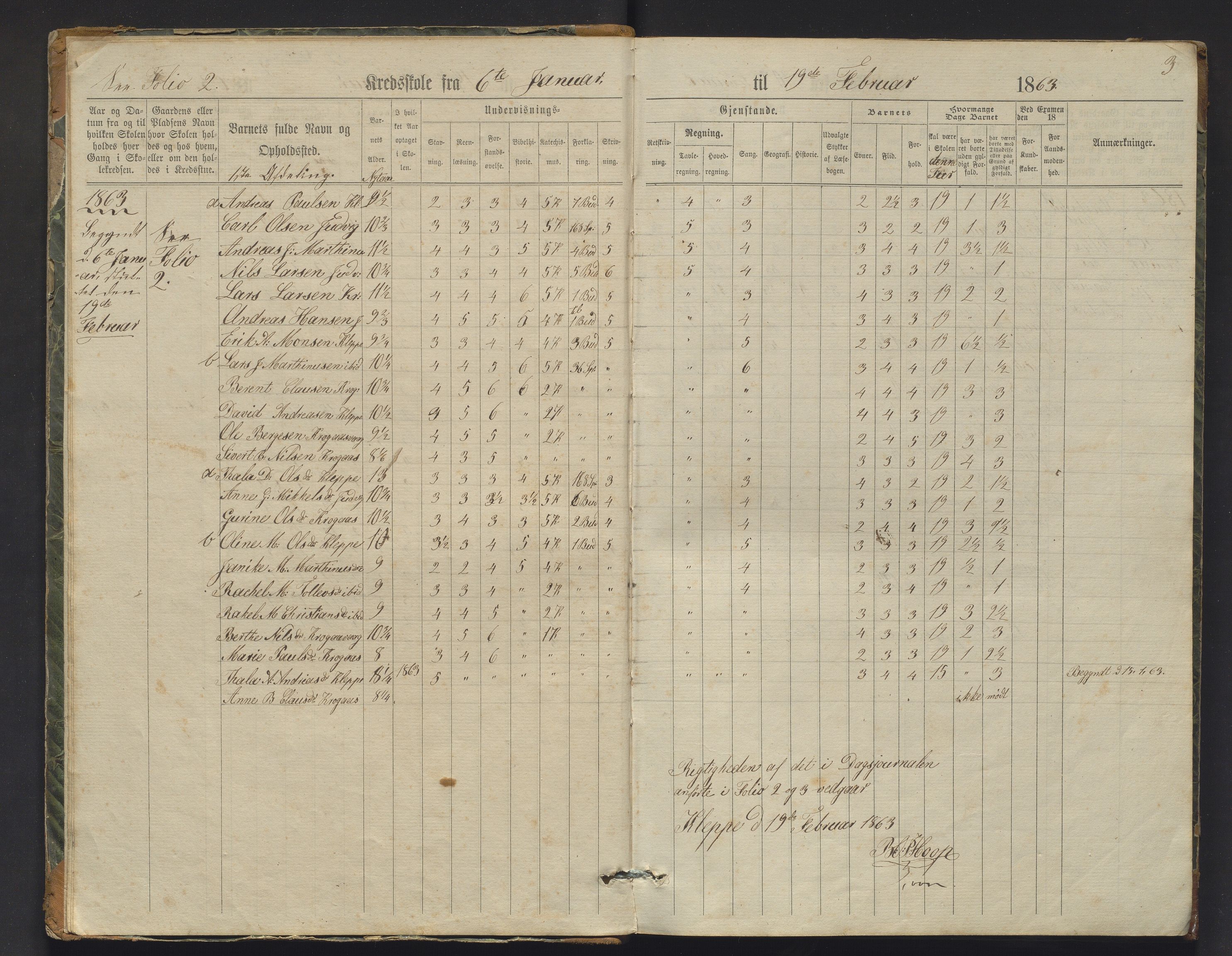 Askøy kommune. Barneskulane, IKAH/1247-231/F/Fb/L0001: Skuleprotokoll for Kleppe og Follese krinsar, 1863-1877