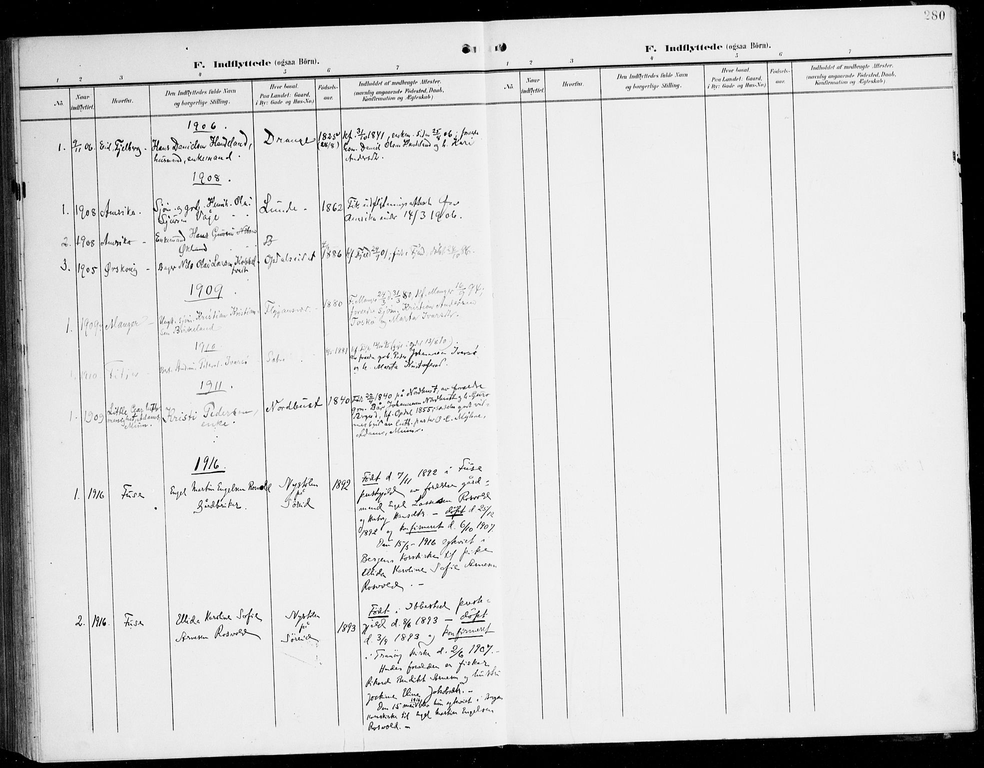 Tysnes sokneprestembete, AV/SAB-A-78601/H/Haa: Parish register (official) no. D 2, 1905-1922, p. 280