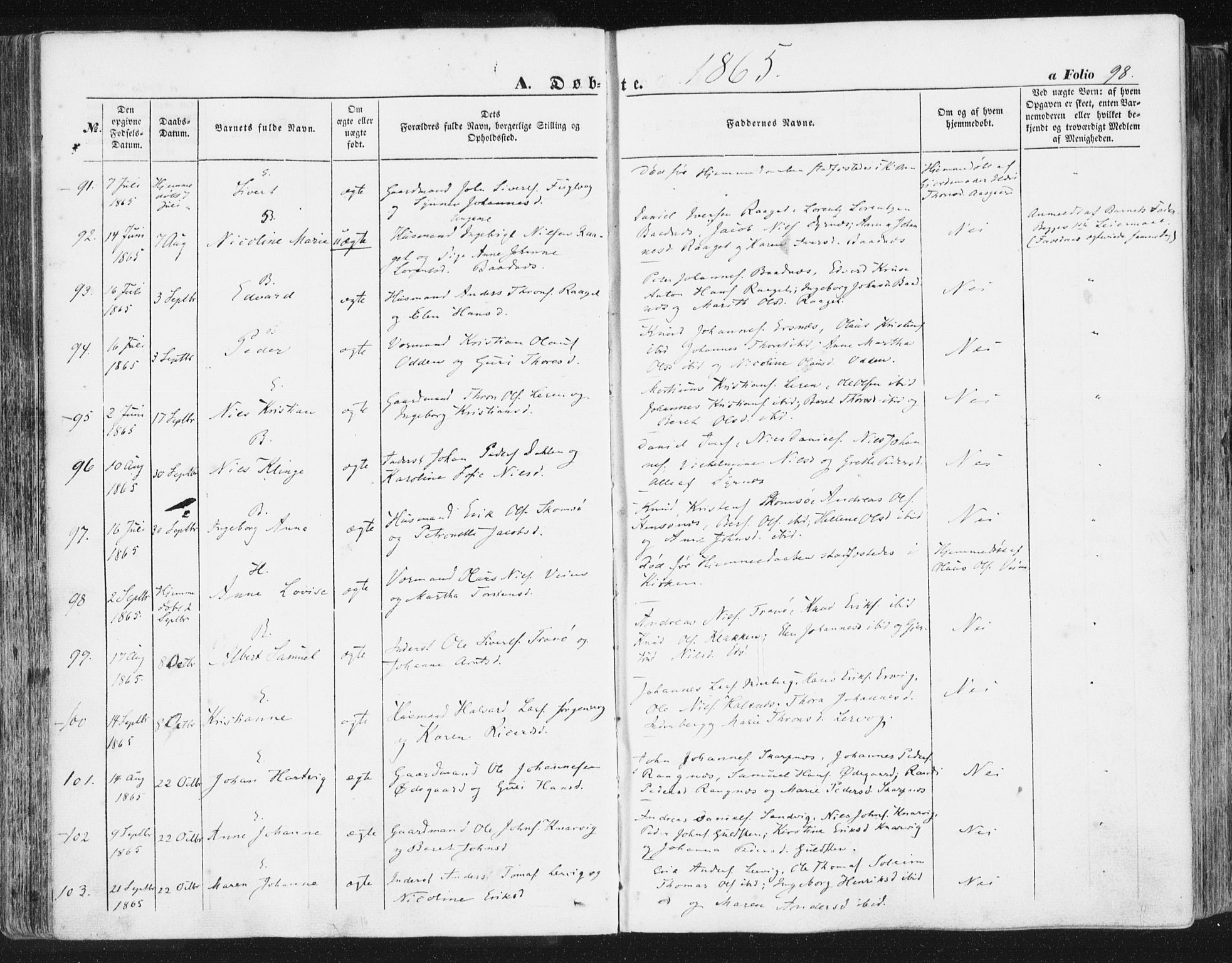 Ministerialprotokoller, klokkerbøker og fødselsregistre - Møre og Romsdal, AV/SAT-A-1454/581/L0937: Parish register (official) no. 581A05, 1853-1872, p. 98