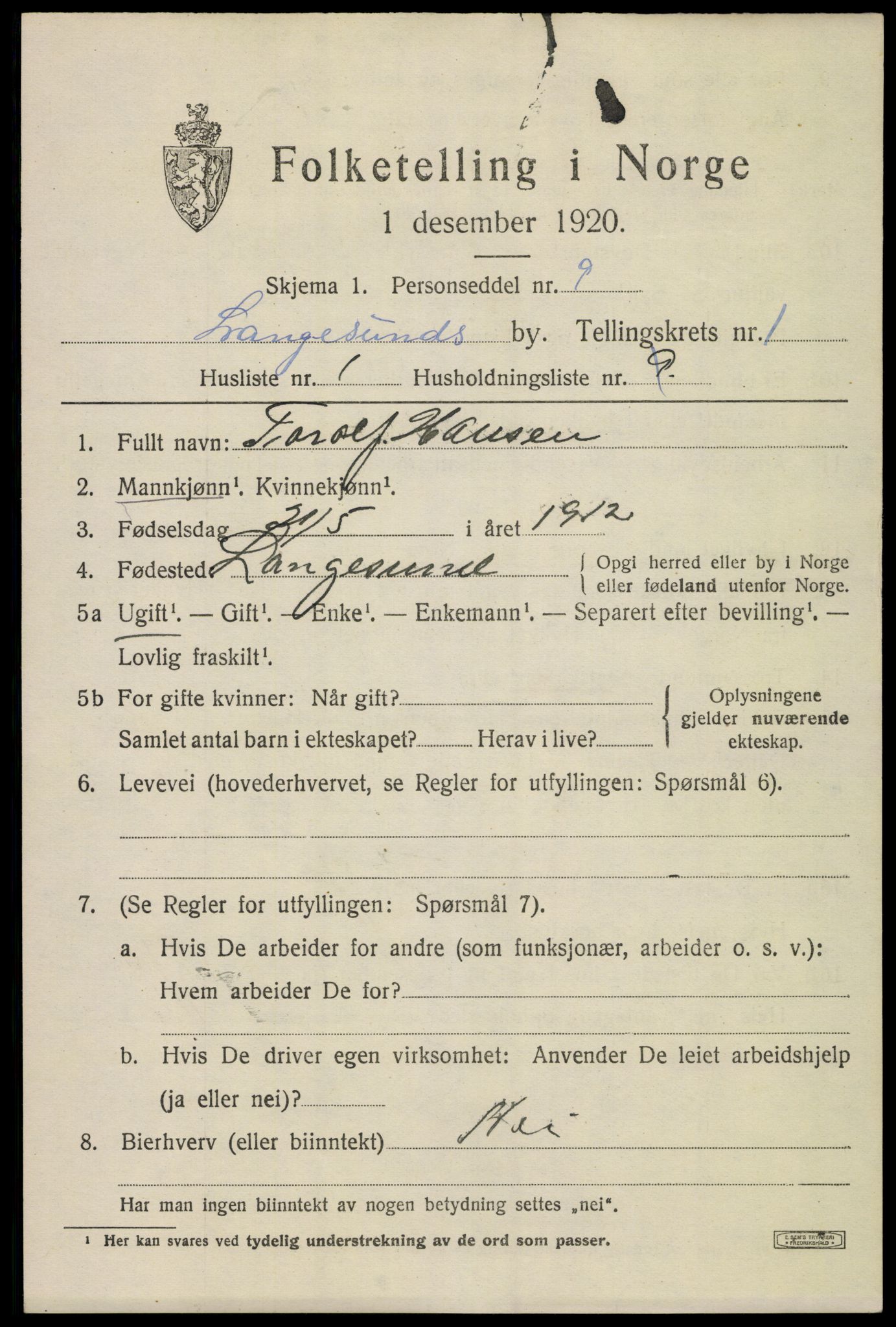 SAKO, 1920 census for Langesund, 1920, p. 1675