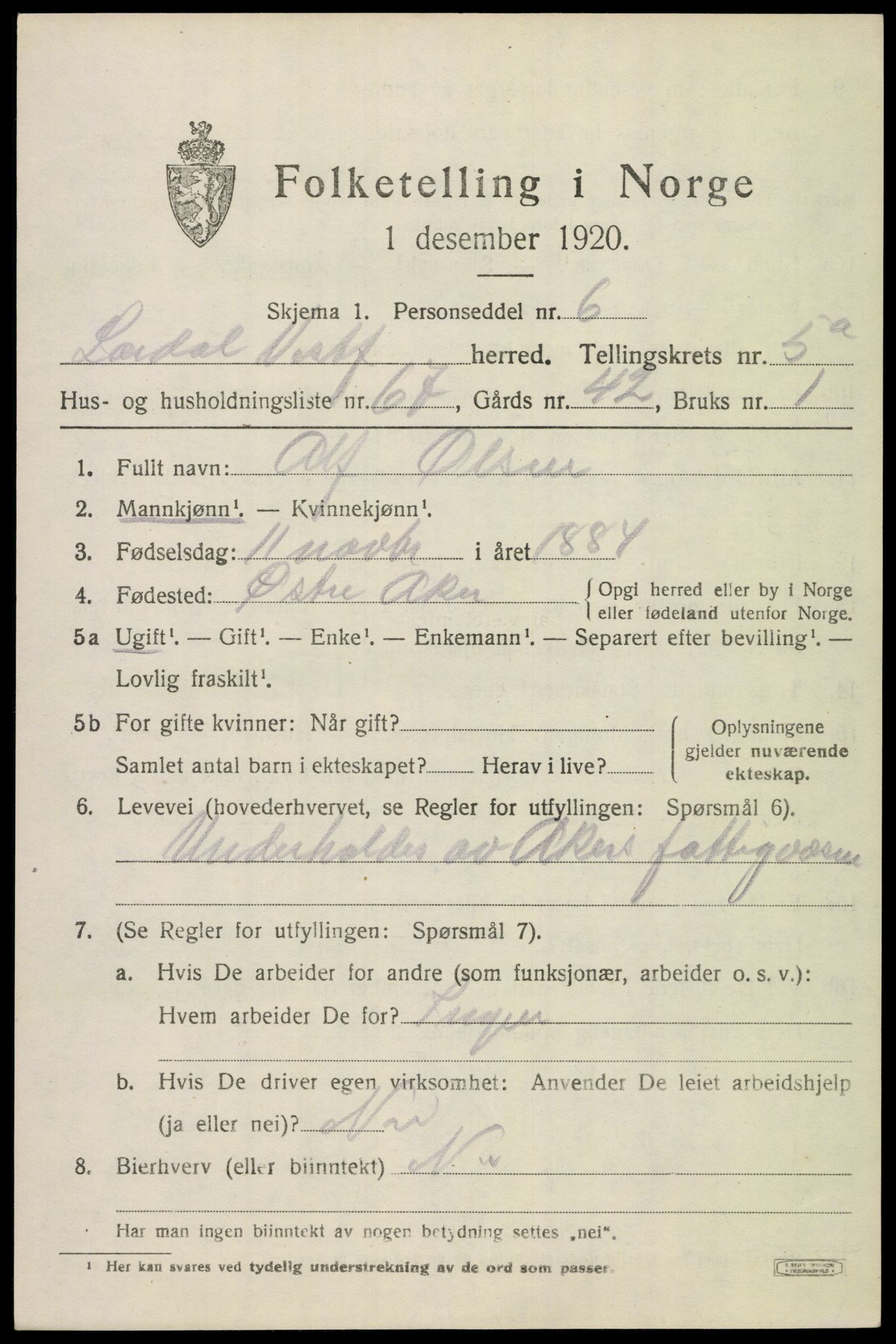 SAKO, 1920 census for Lardal, 1920, p. 5221