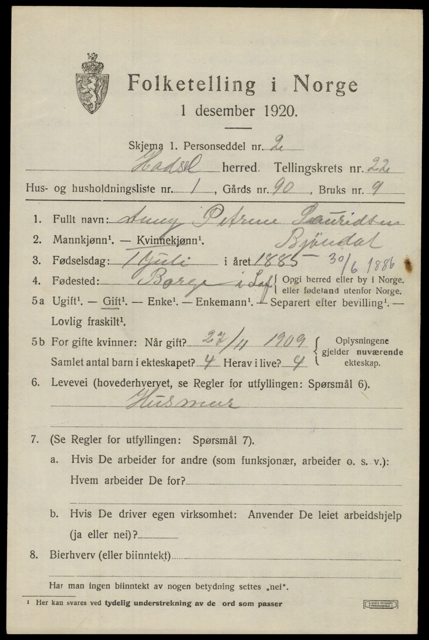 SAT, 1920 census for Hadsel, 1920, p. 19924