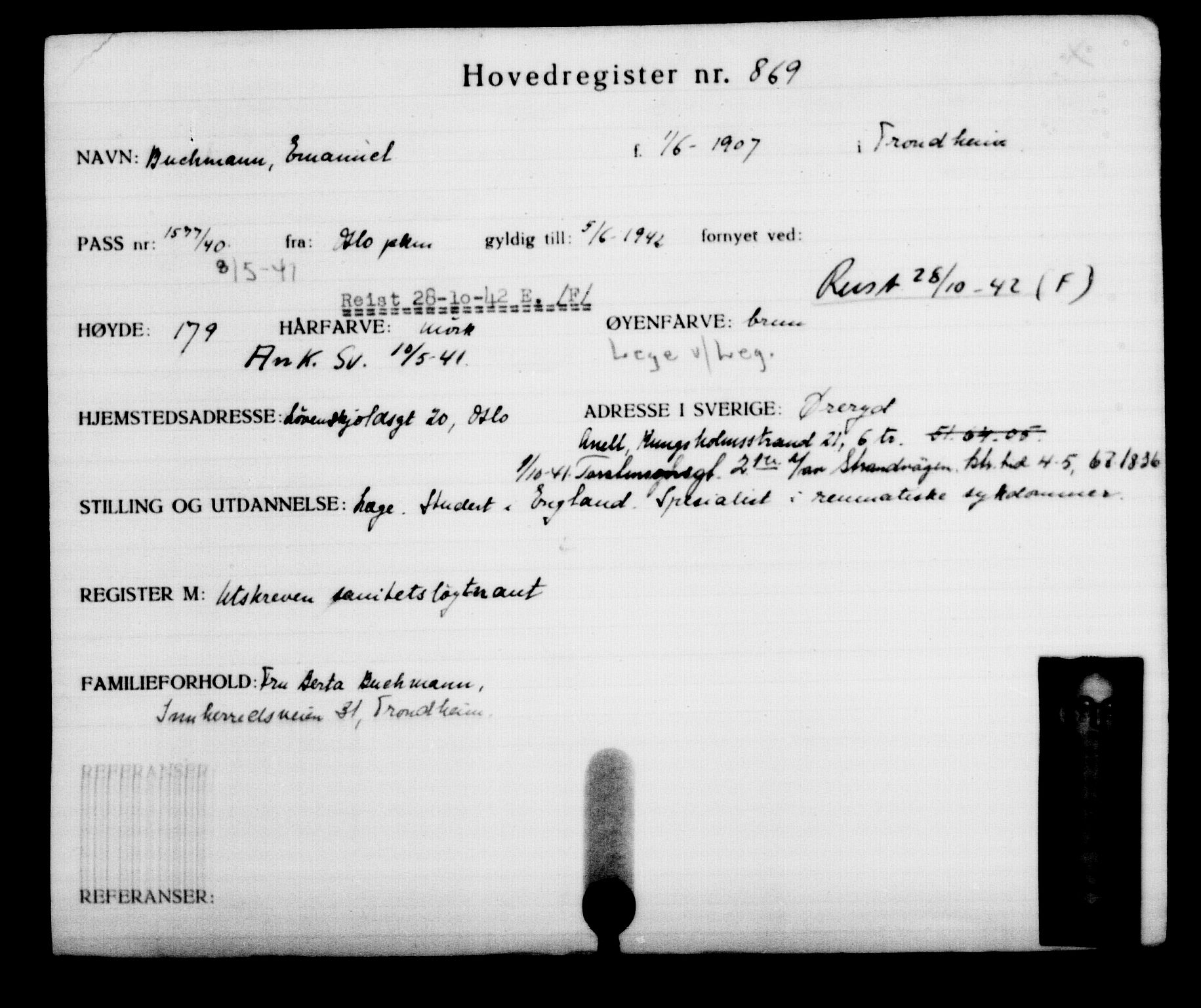 Utenriksstasjonene, Legasjonen i Stockholm, Flyktningkontoret, AV/RA-S-6753/V/Va/L0001: Kjesäterkartoteket, flyktninger med registreringsnr. 1-1000, 1940-1945, p. 1380