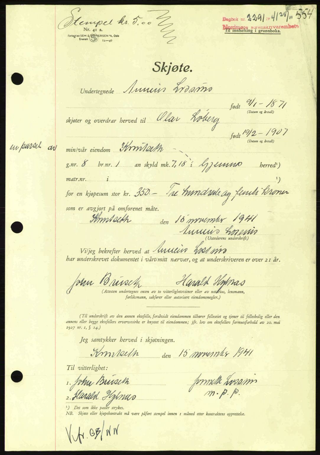 Nordmøre sorenskriveri, AV/SAT-A-4132/1/2/2Ca: Mortgage book no. A91, 1941-1942, Diary no: : 2291/1941