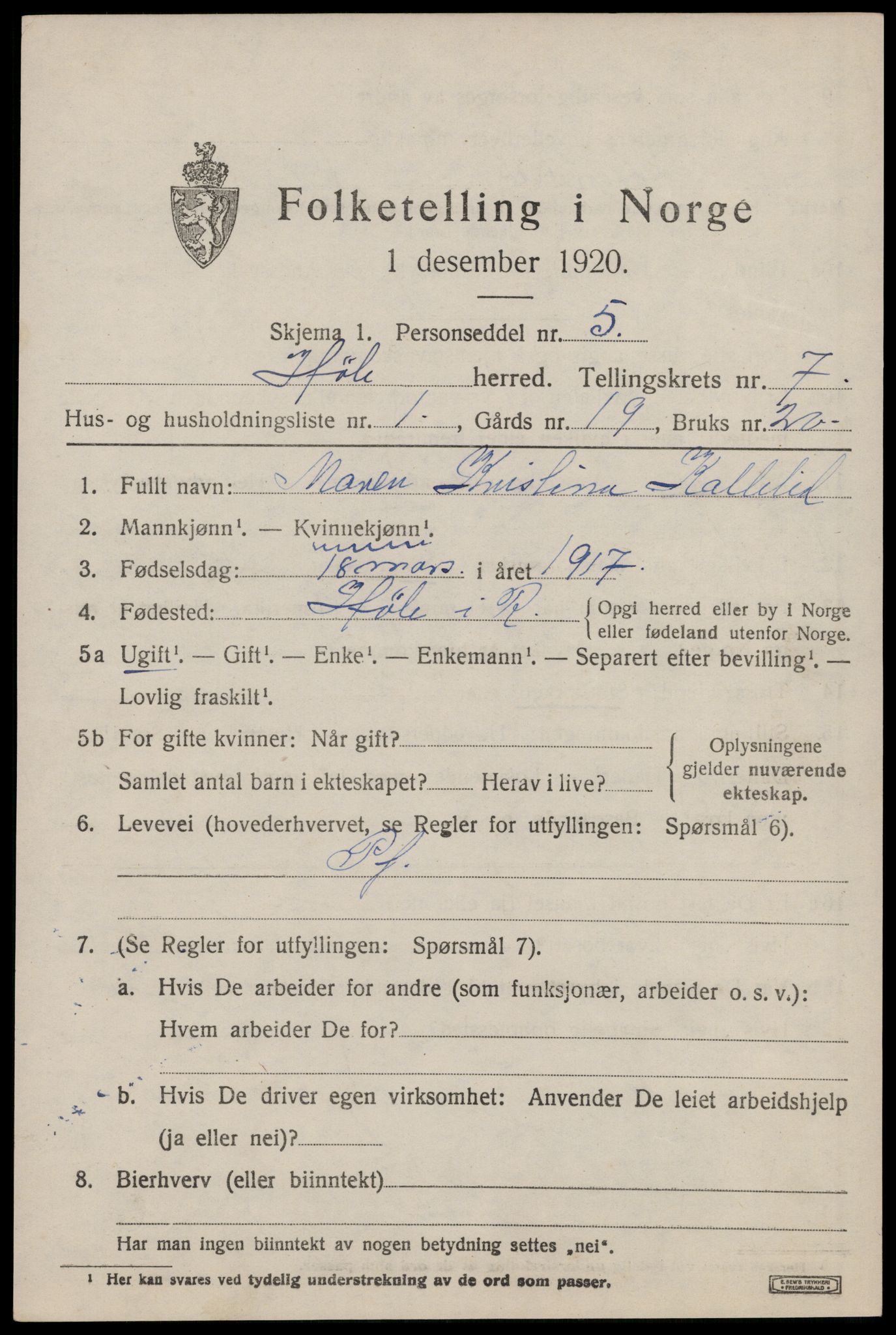 SAST, 1920 census for Høle, 1920, p. 2023