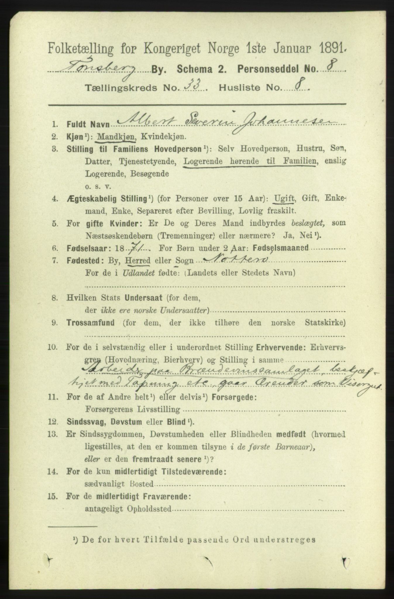 RA, 1891 census for 0705 Tønsberg, 1891, p. 7650