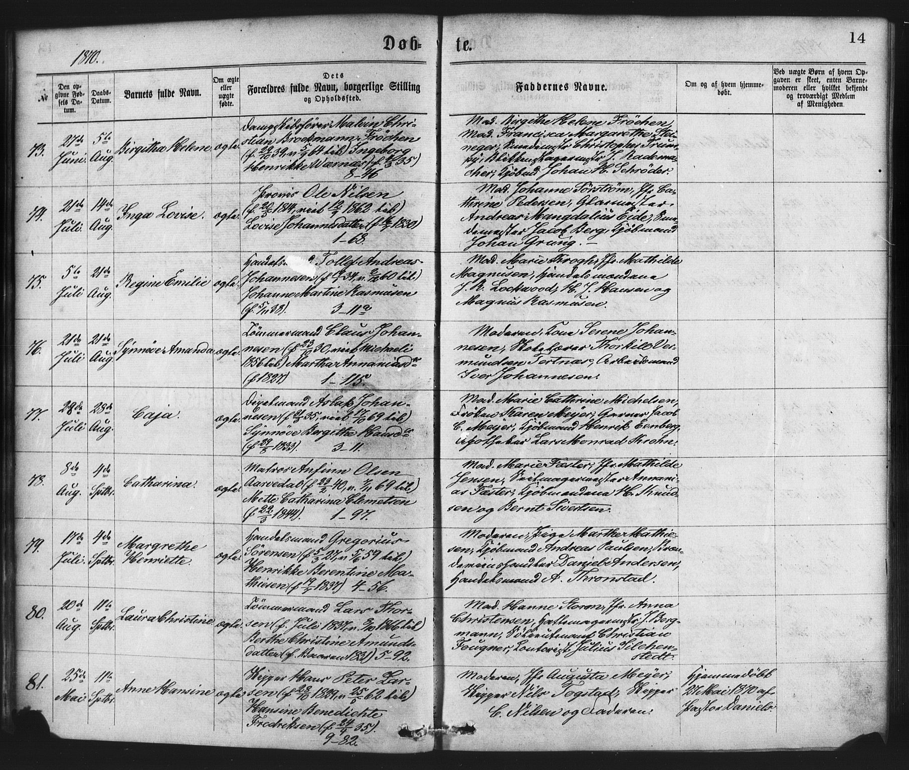 Nykirken Sokneprestembete, AV/SAB-A-77101/H/Haa/L0017: Parish register (official) no. B 4, 1870-1884, p. 14
