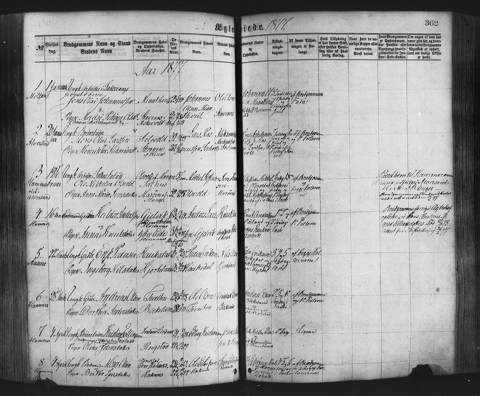 Hamre sokneprestembete, SAB/A-75501/H/Ha/Haa/Haaa/L0015: Parish register (official) no. A 15, 1870-1881, p. 362