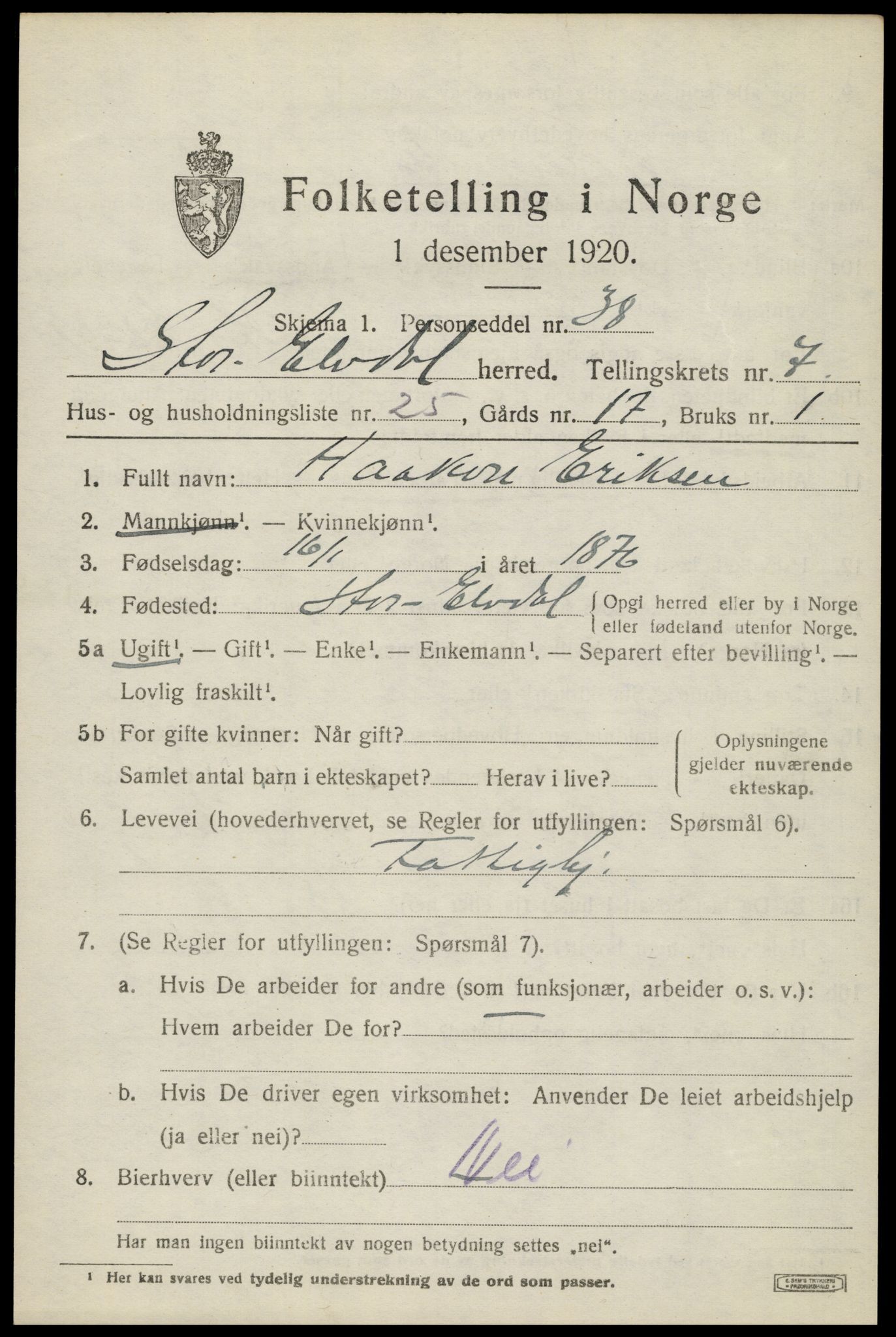 SAH, 1920 census for Stor-Elvdal, 1920, p. 6122