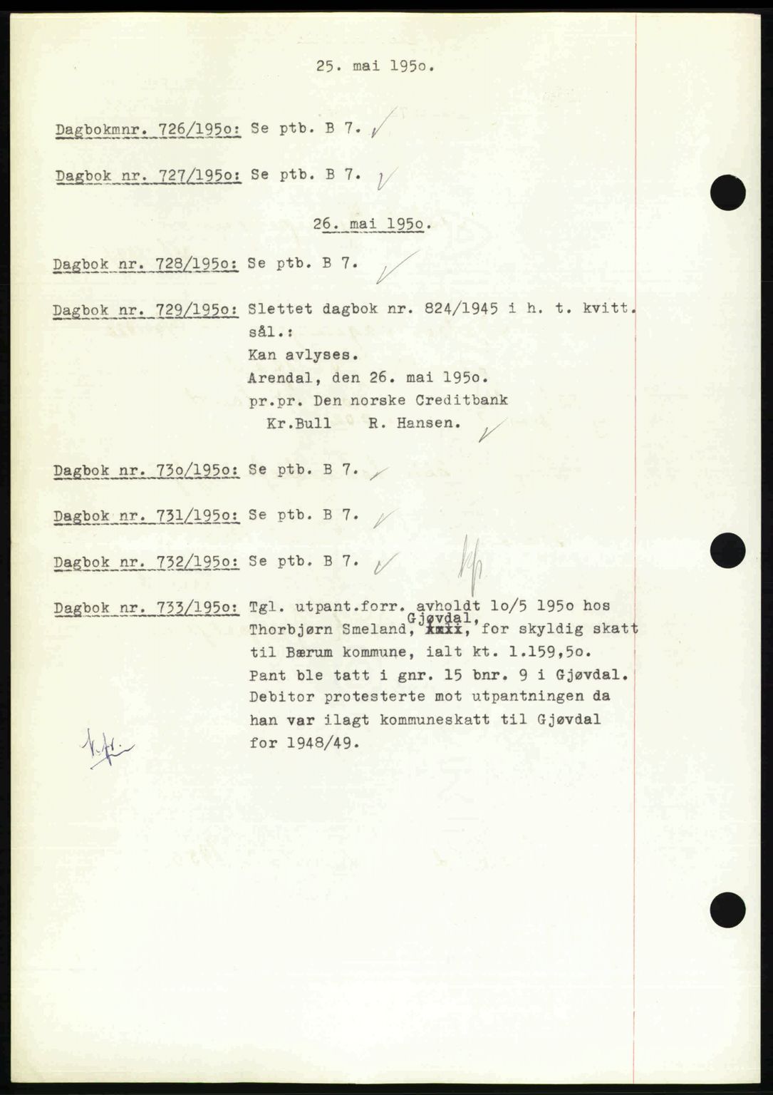 Nedenes sorenskriveri, SAK/1221-0006/G/Gb/Gba/L0062: Mortgage book no. A14, 1949-1950, Diary no: : 726/1950