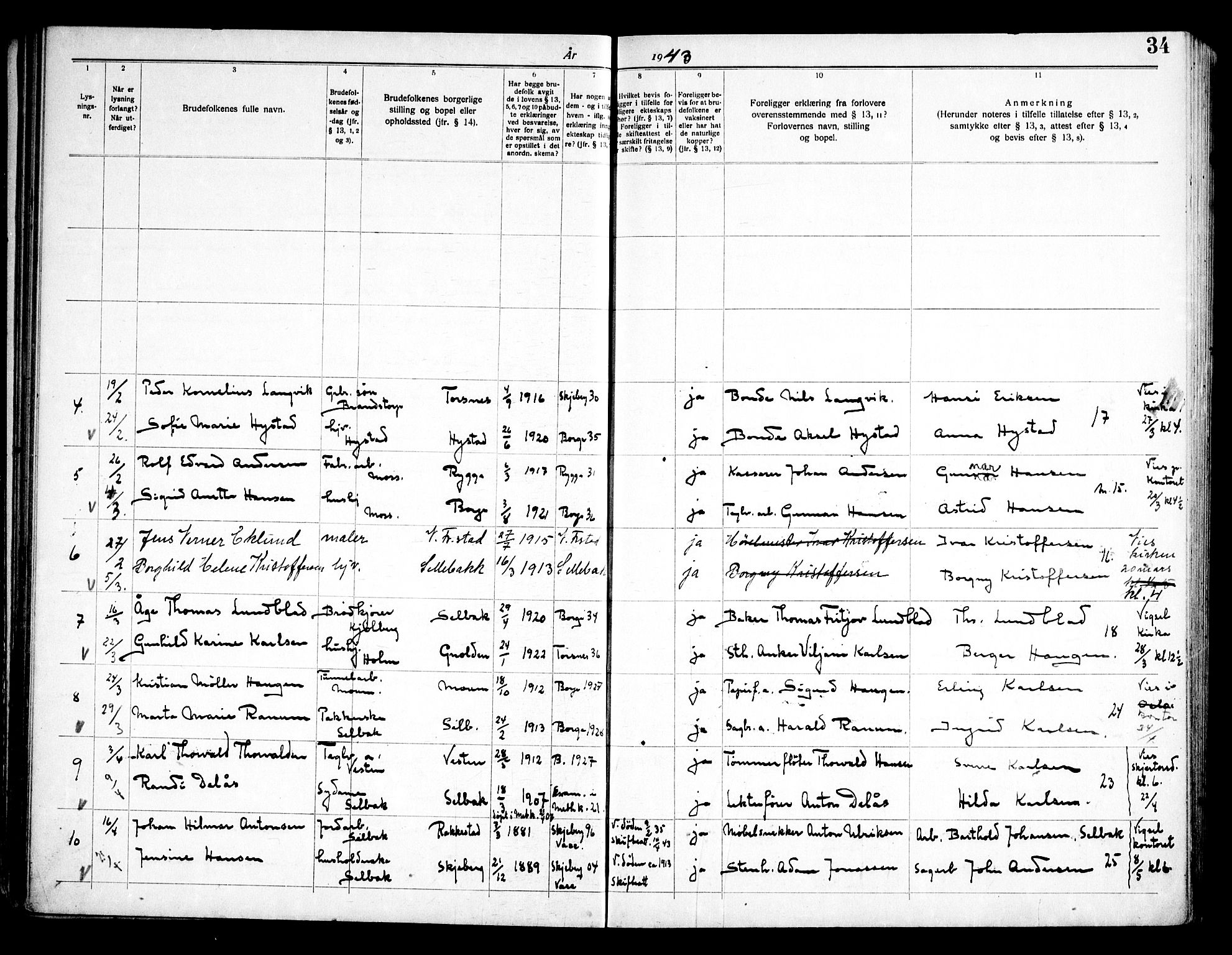 Borge prestekontor Kirkebøker, SAO/A-10903/H/Ha/L0002: Banns register no. I 2, 1937-1956, p. 34